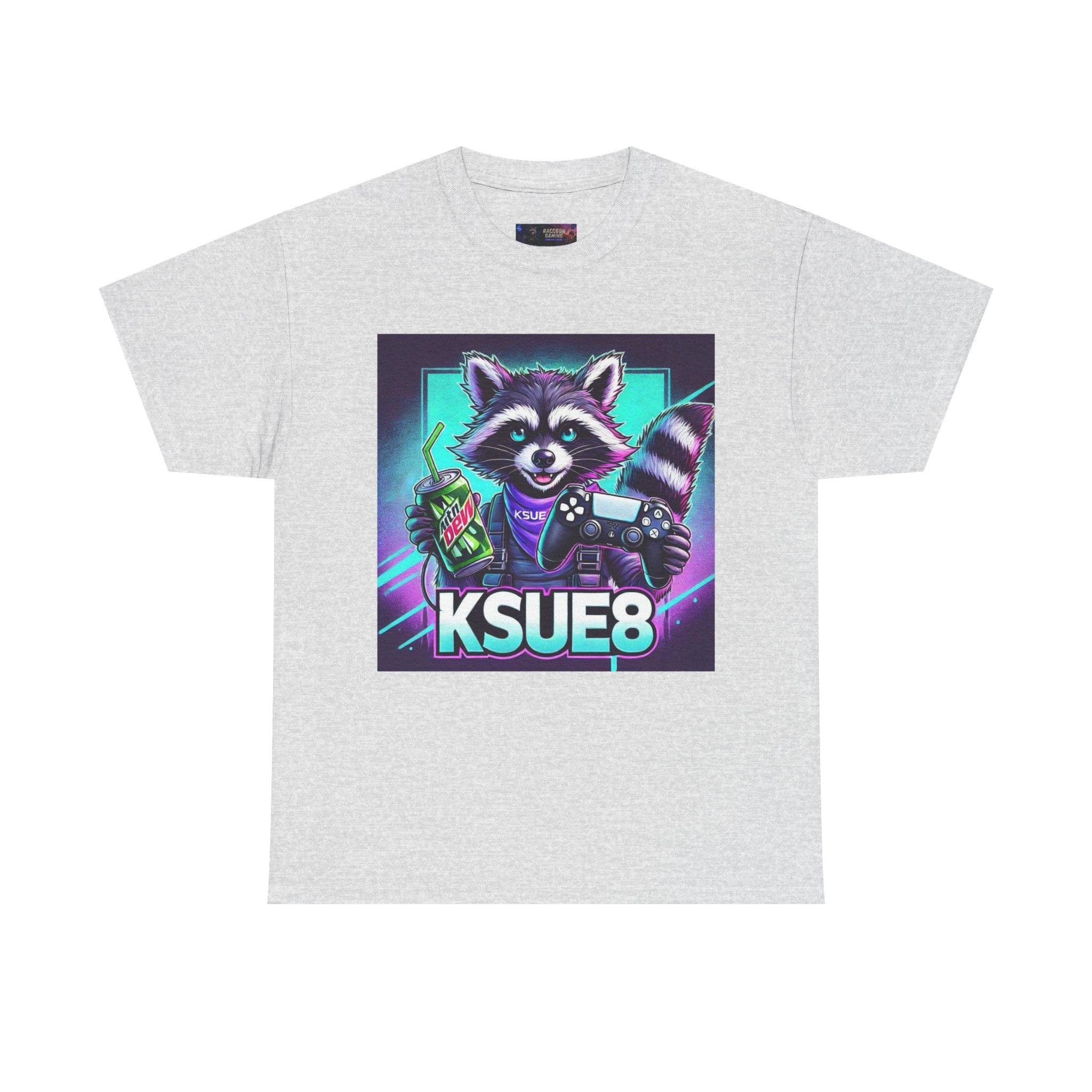 Raccoon Gamer Graphic Tee — 'KSUE8' Neon Retro Gaming T-Shirt
