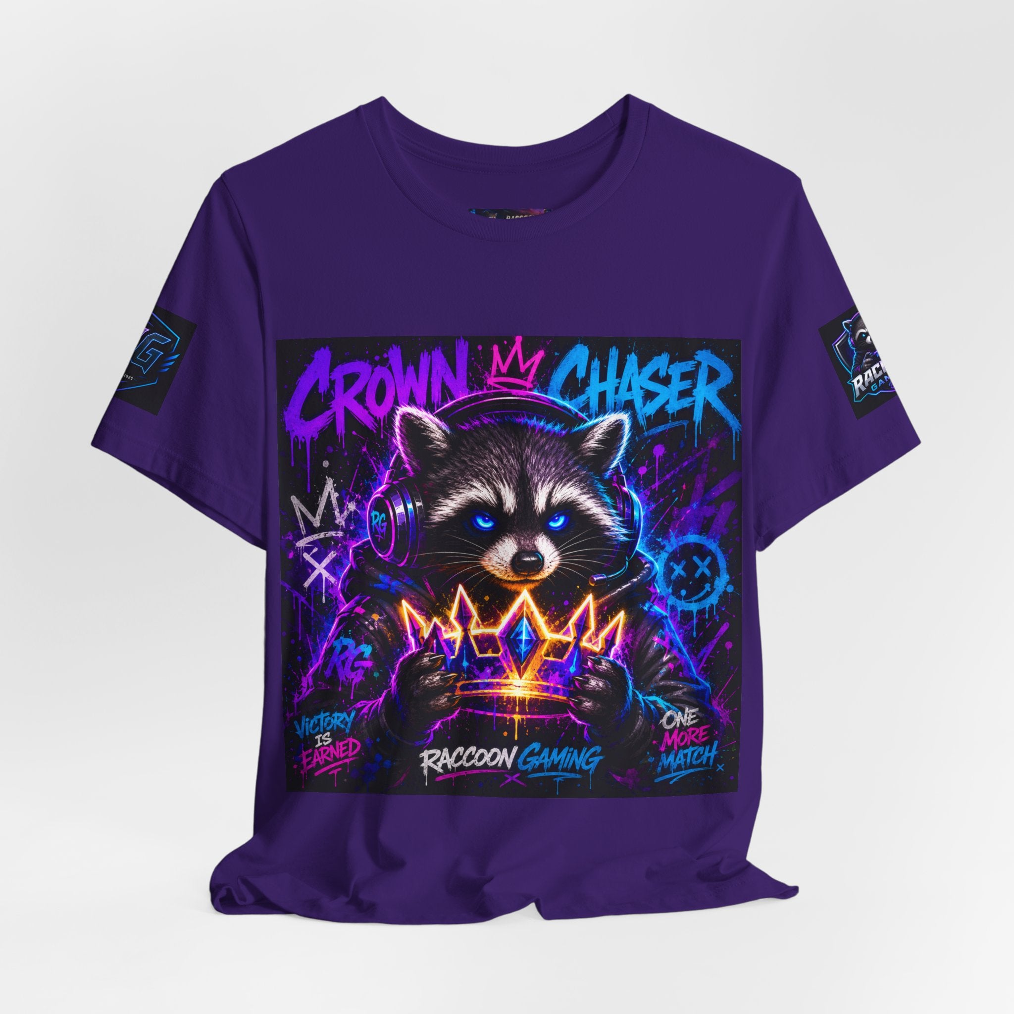 Crown Chaser Raccoon Gaming Tee — "Every Match is Earned" Gamer T-Shirt