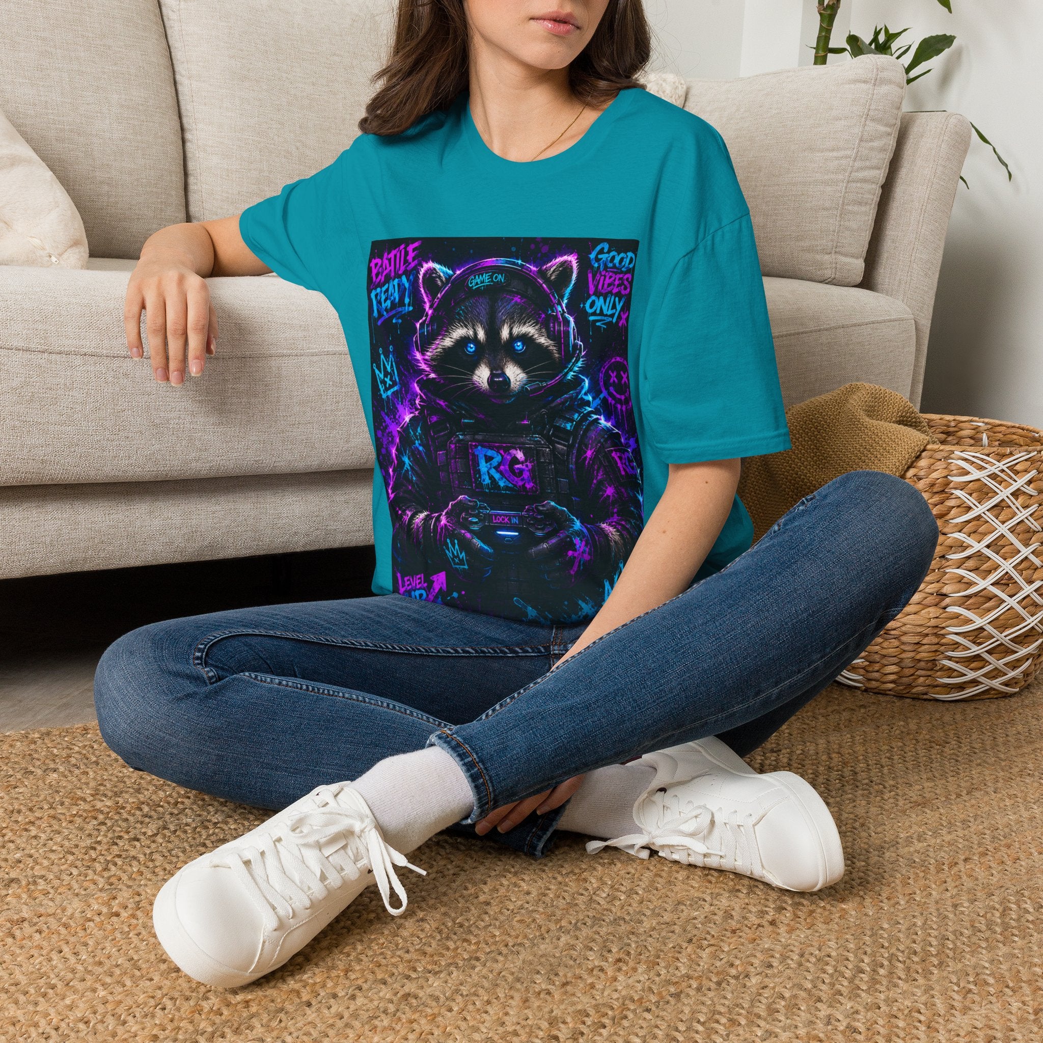 Raccoon Neon Graphic T-Shirt — "Good Vibes Only" Retro Gamer Streetwear