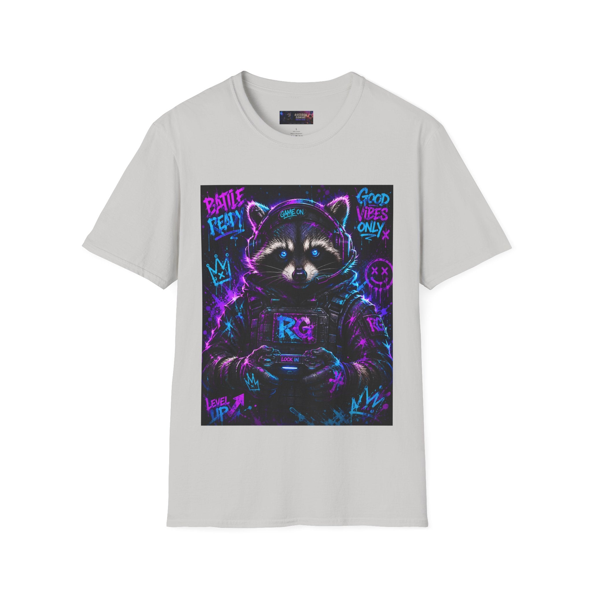 Raccoon Neon Graphic T-Shirt — "Good Vibes Only" Retro Gamer Streetwear