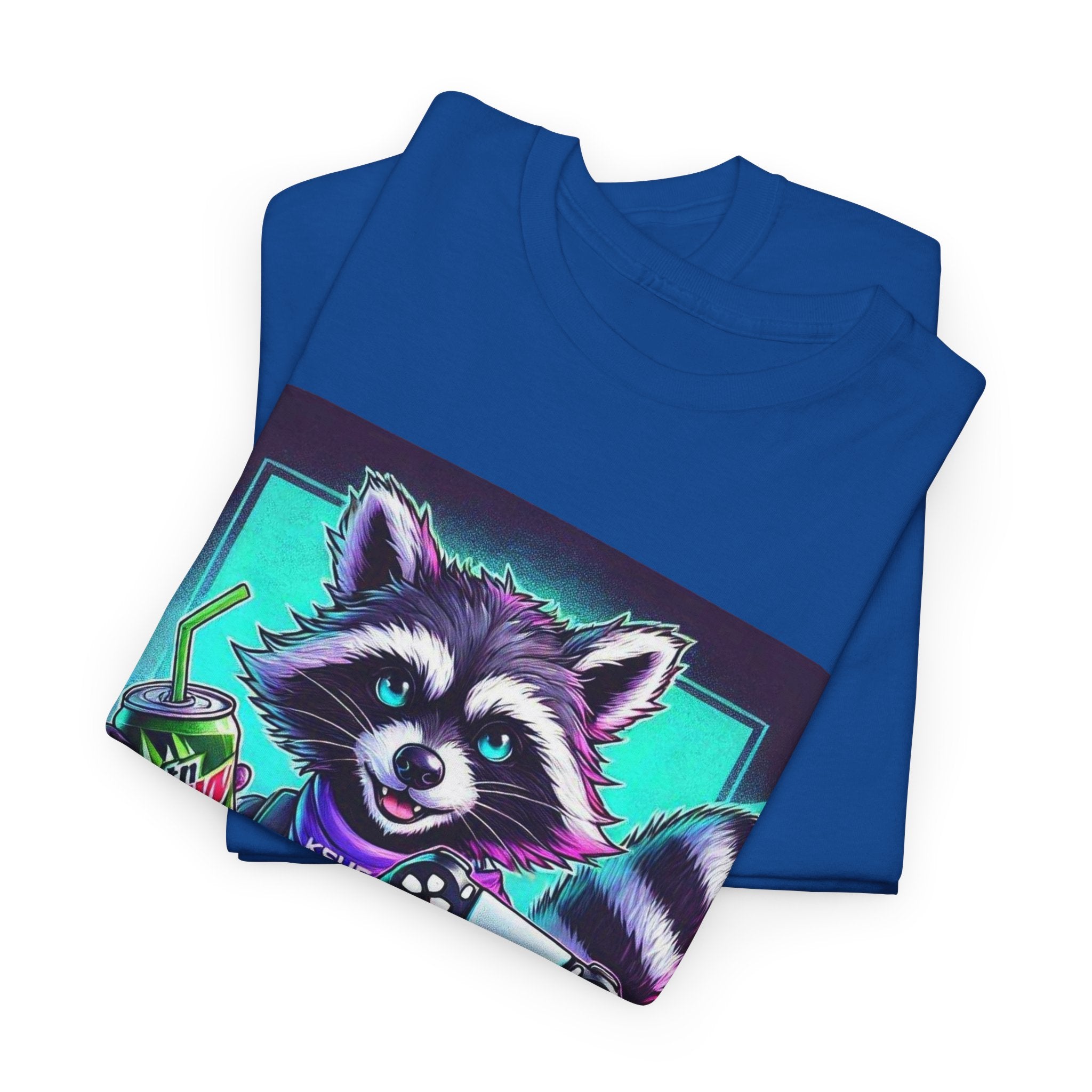 Raccoon Gamer Graphic Tee — 'KSUE8' Neon Retro Gaming T-Shirt