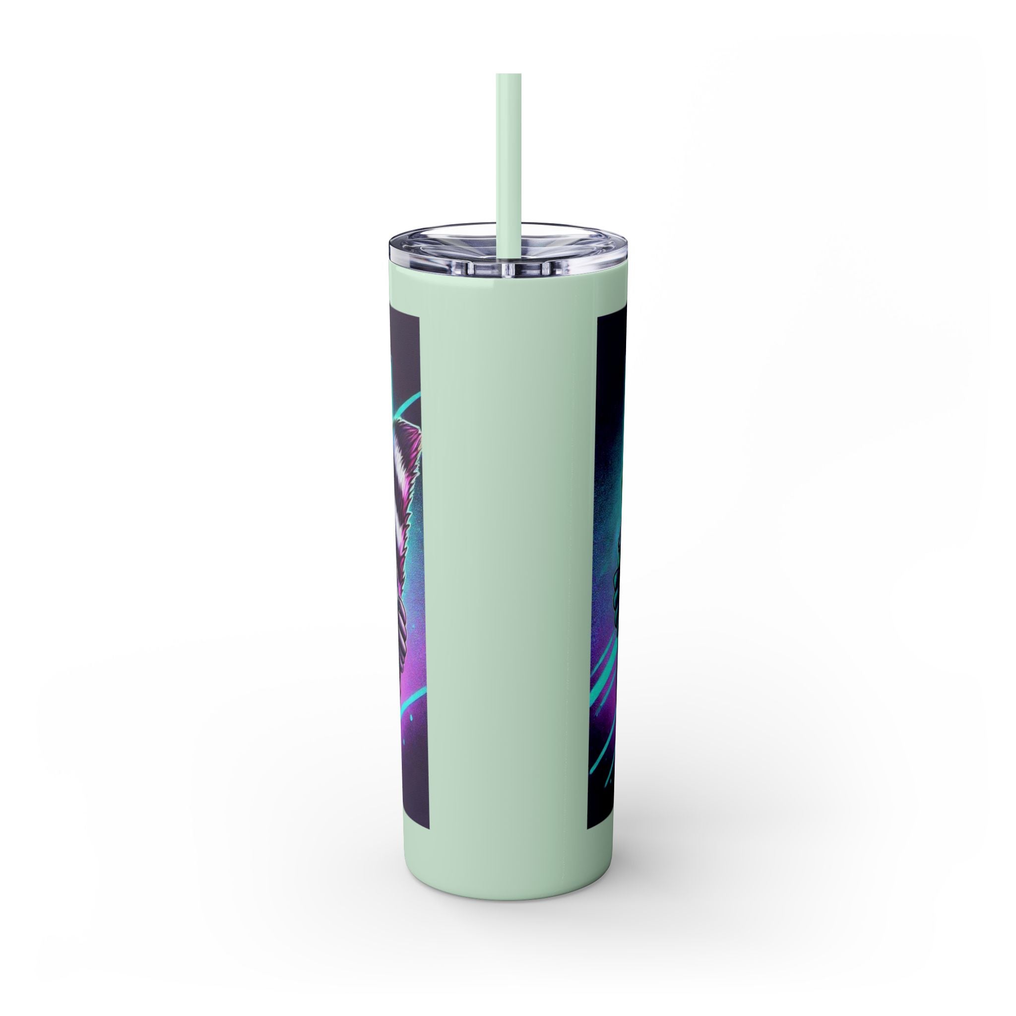 20oz Skinny Tumbler – Neon Gamer Raccoon Design with Straw (KSUE8)