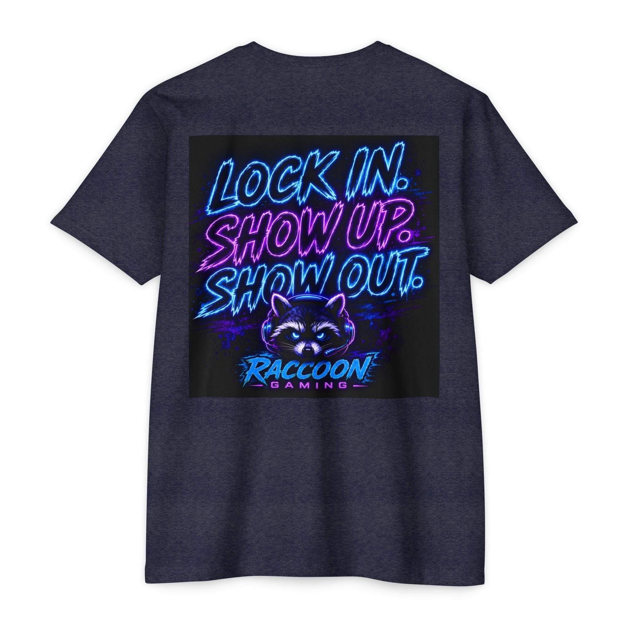 Raccoon Gaming T-Shirt — Neon Headset Mascot & “Lock In. Show Up. Show Out.” Graphic