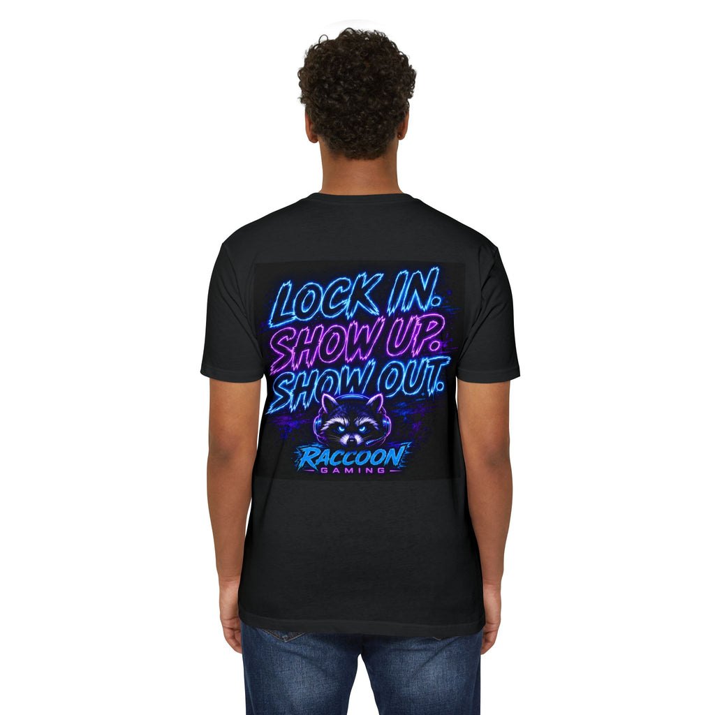 Raccoon Gaming T-Shirt — Neon Headset Mascot & “Lock In. Show Up. Show Out.” Graphic