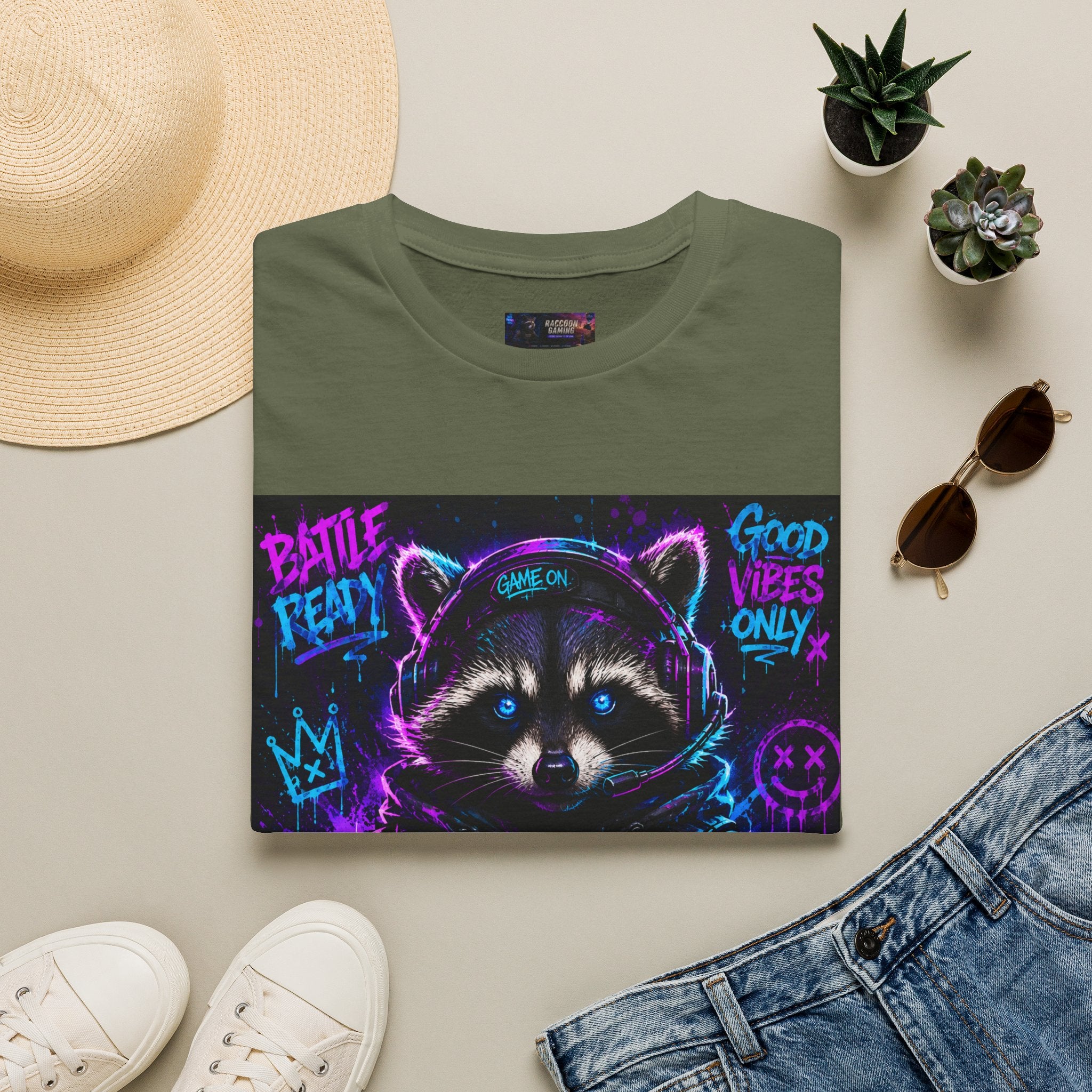 Raccoon Neon Graphic T-Shirt — "Good Vibes Only" Retro Gamer Streetwear