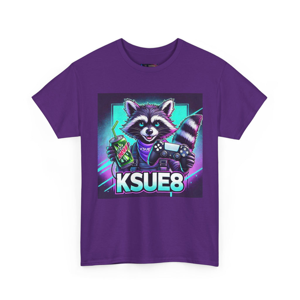 Raccoon Gamer Graphic Tee — 'KSUE8' Neon Retro Gaming T-Shirt