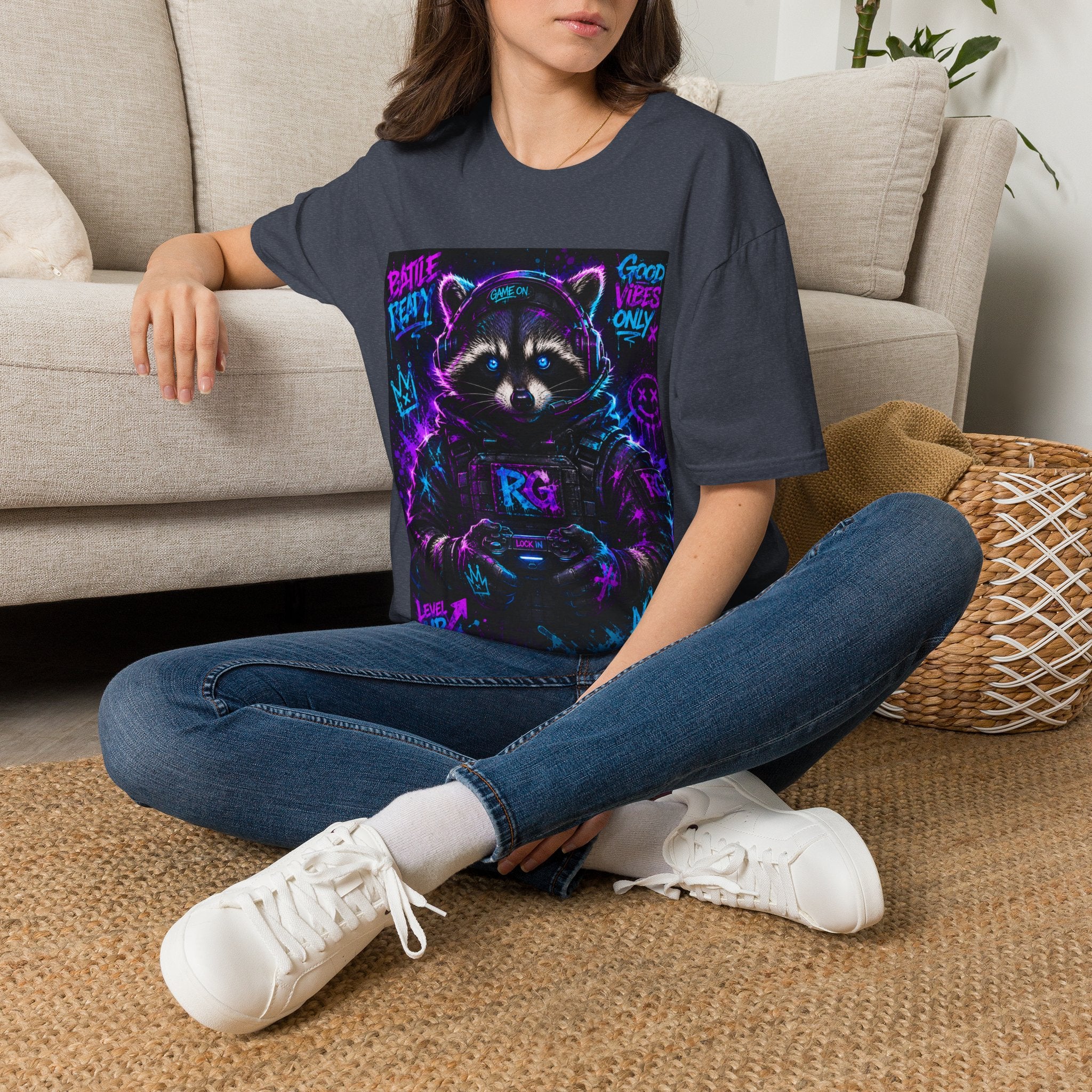 Raccoon Neon Graphic T-Shirt — "Good Vibes Only" Retro Gamer Streetwear