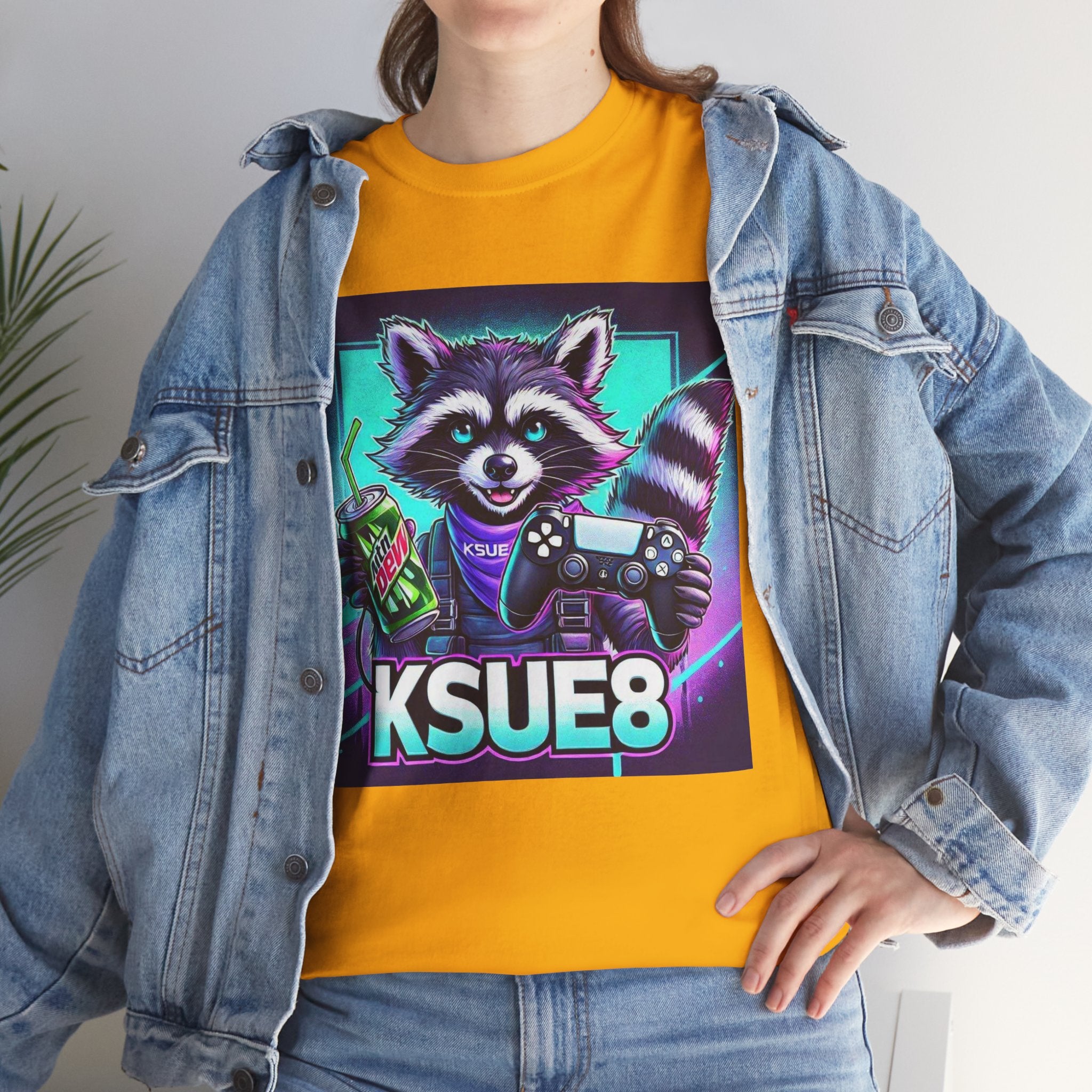 Raccoon Gamer Graphic Tee — 'KSUE8' Neon Retro Gaming T-Shirt