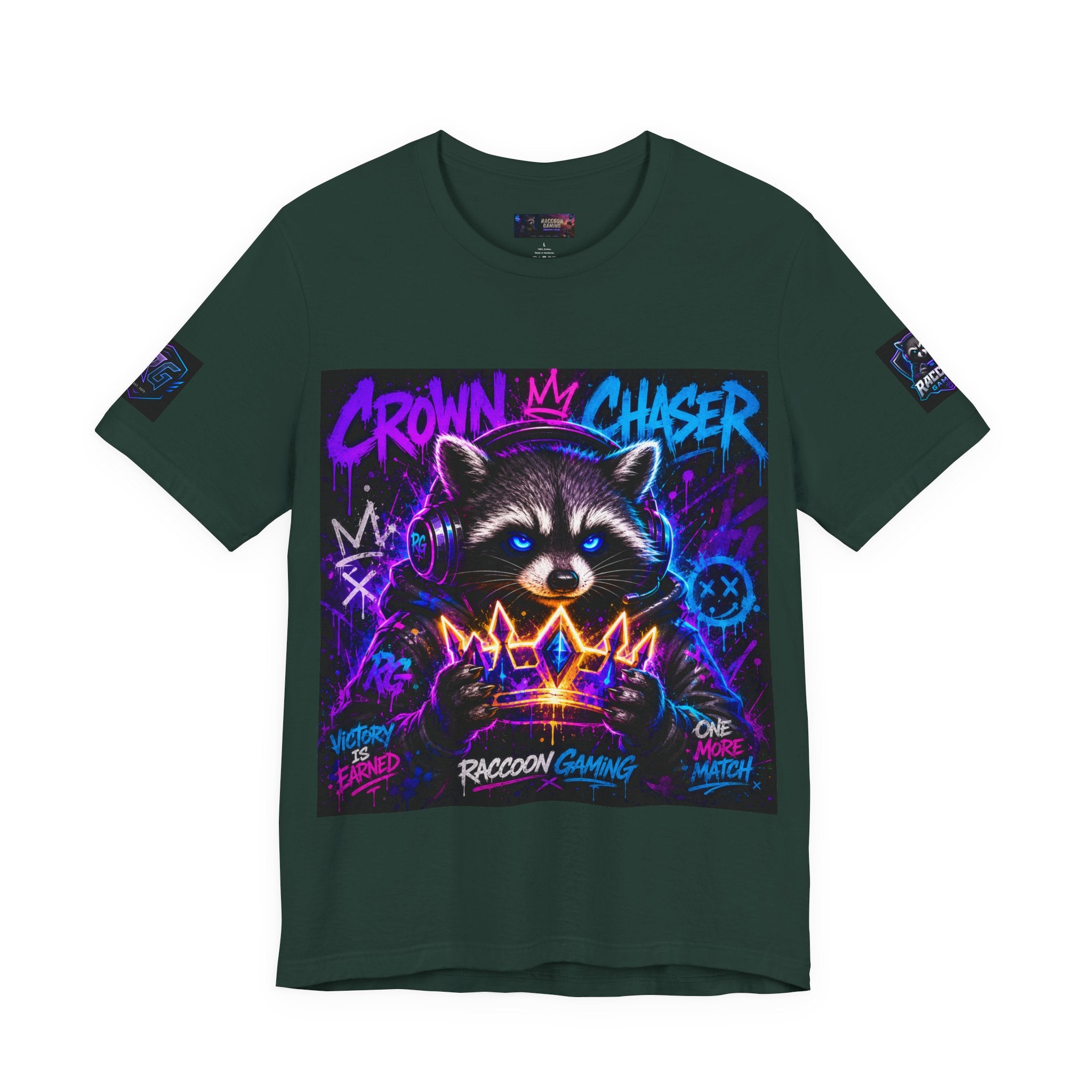 Crown Chaser Raccoon Gaming Tee — "Every Match is Earned" Gamer T-Shirt
