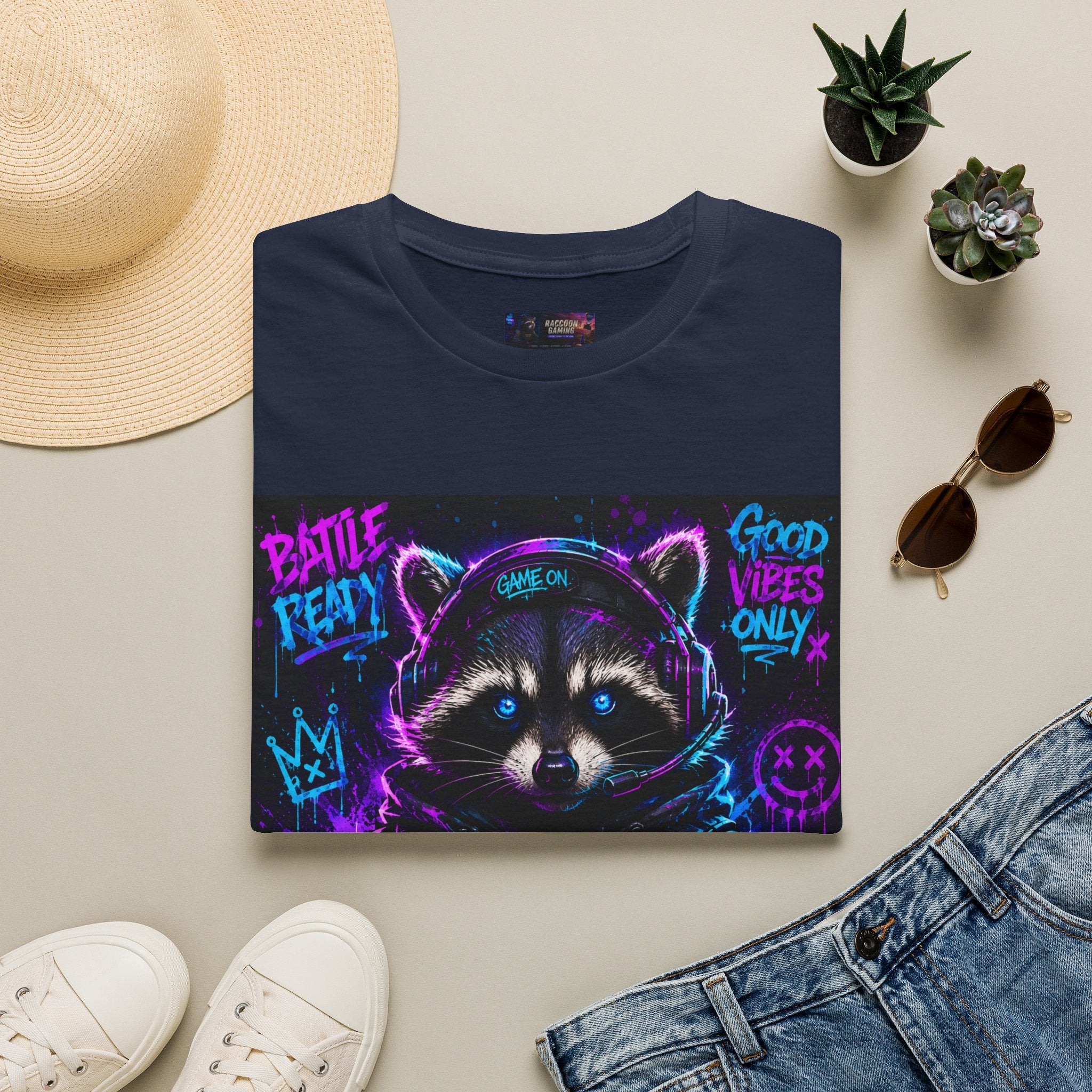 Raccoon Neon Graphic T-Shirt — "Good Vibes Only" Retro Gamer Streetwear
