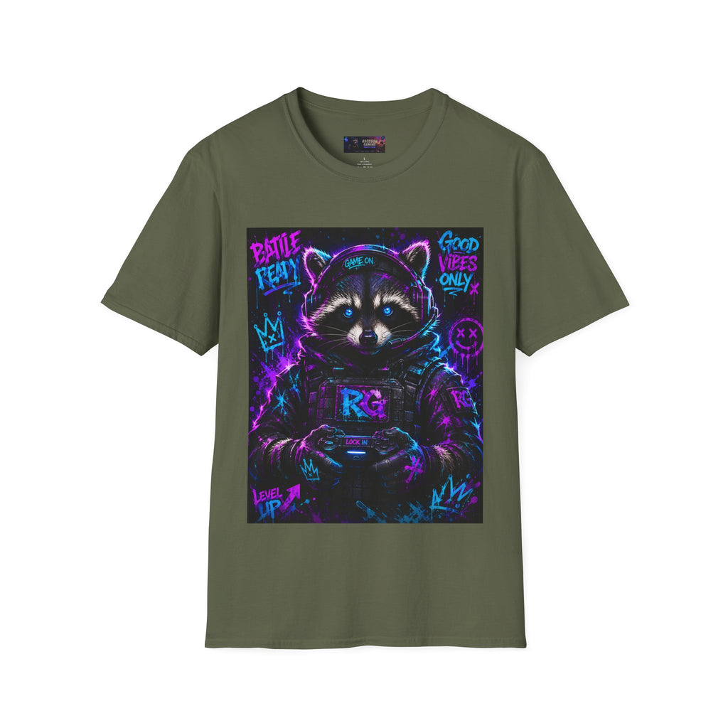 Raccoon Neon Graphic T-Shirt — "Good Vibes Only" Retro Gamer Streetwear