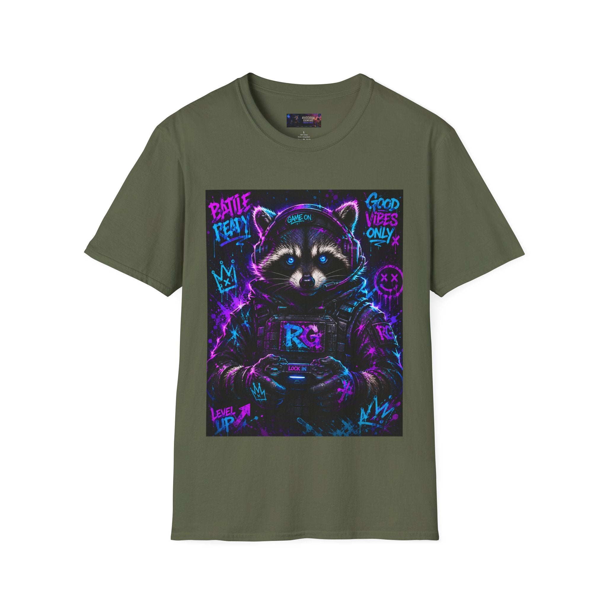 Raccoon Neon Graphic T-Shirt — "Good Vibes Only" Retro Gamer Streetwear