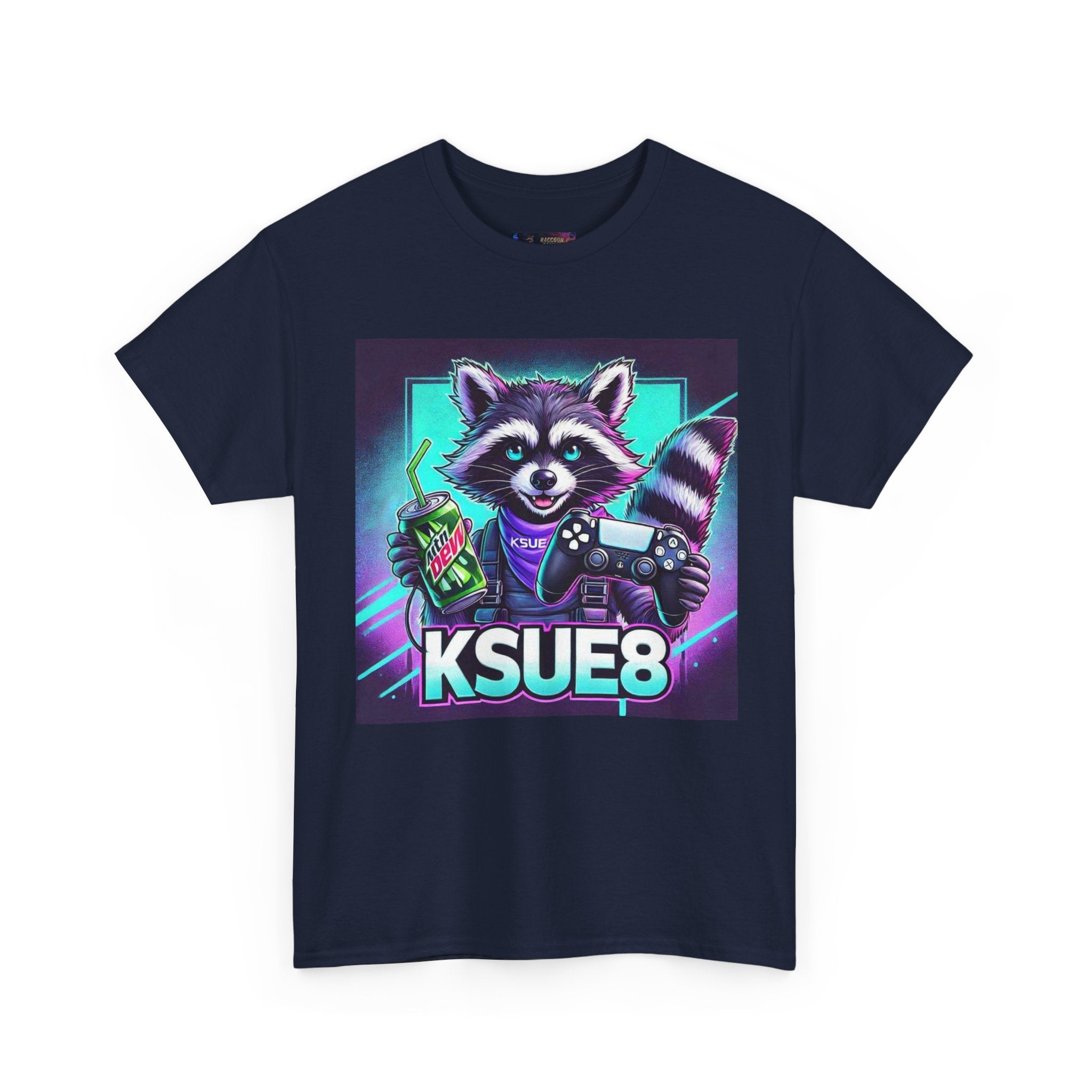 Raccoon Gamer Graphic Tee — 'KSUE8' Neon Retro Gaming T-Shirt