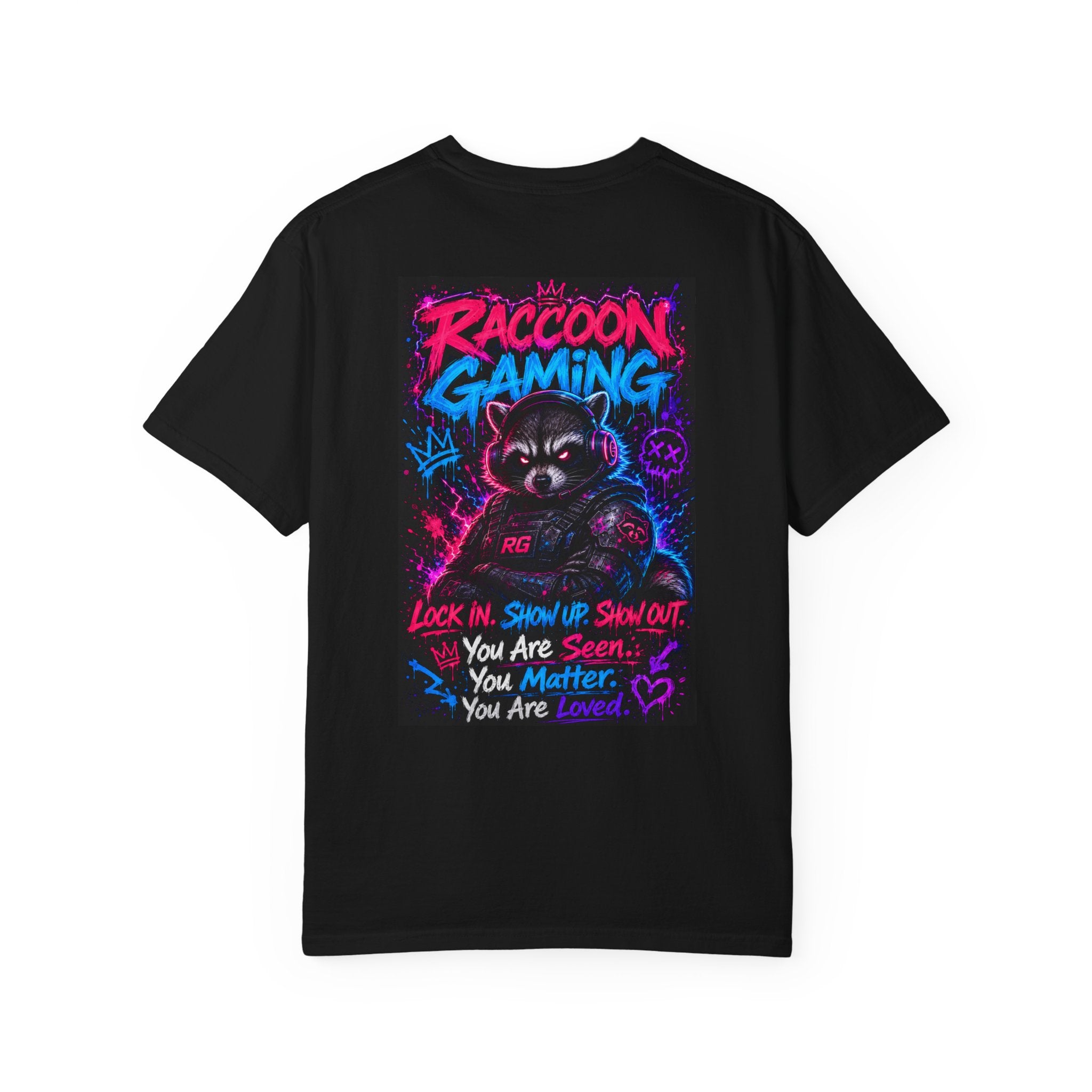 Raccoon Gaming Neon Poster T-Shirt — "Look In, Speak Up, Shine Out" Motivational Tee