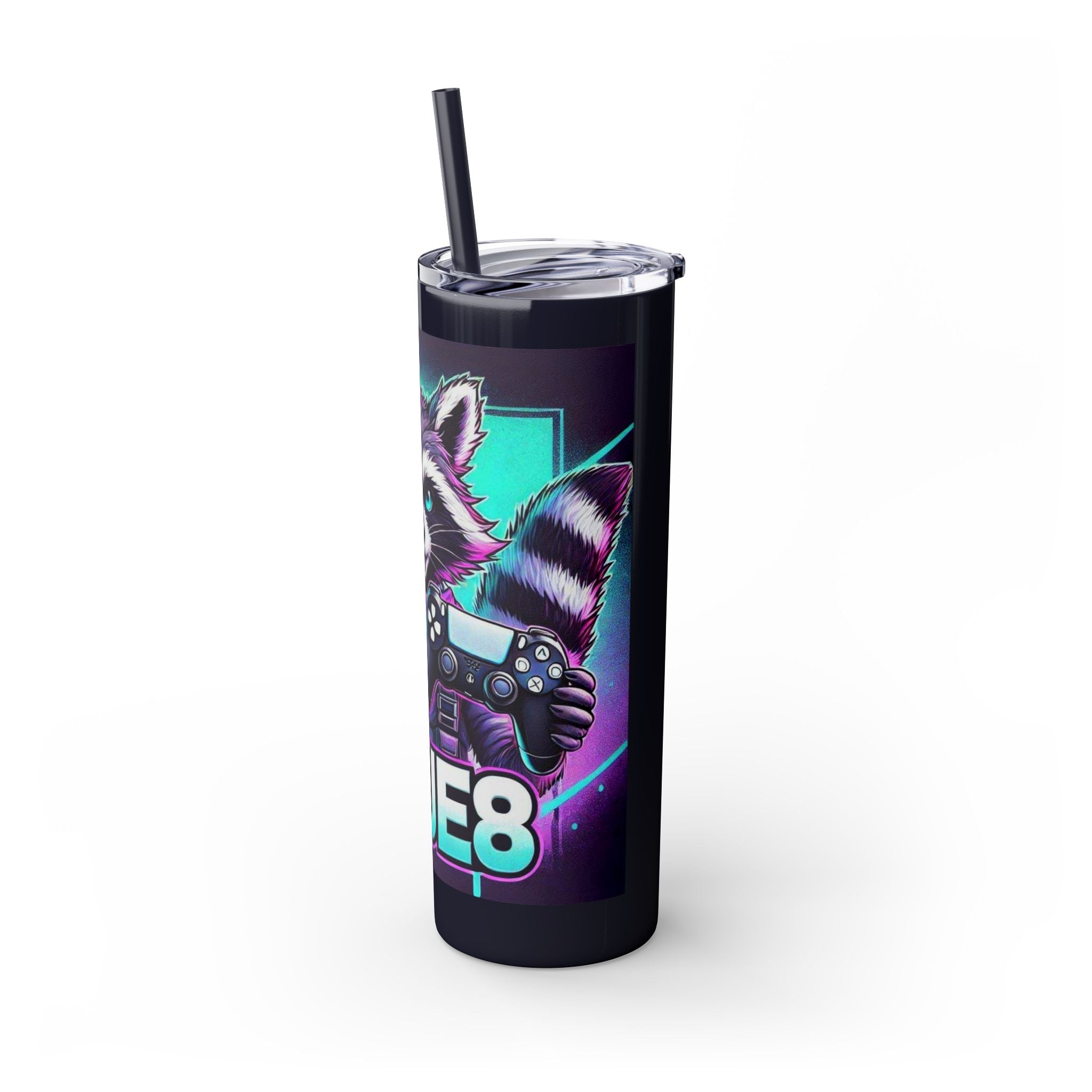 20oz Skinny Tumbler – Neon Gamer Raccoon Design with Straw (KSUE8)
