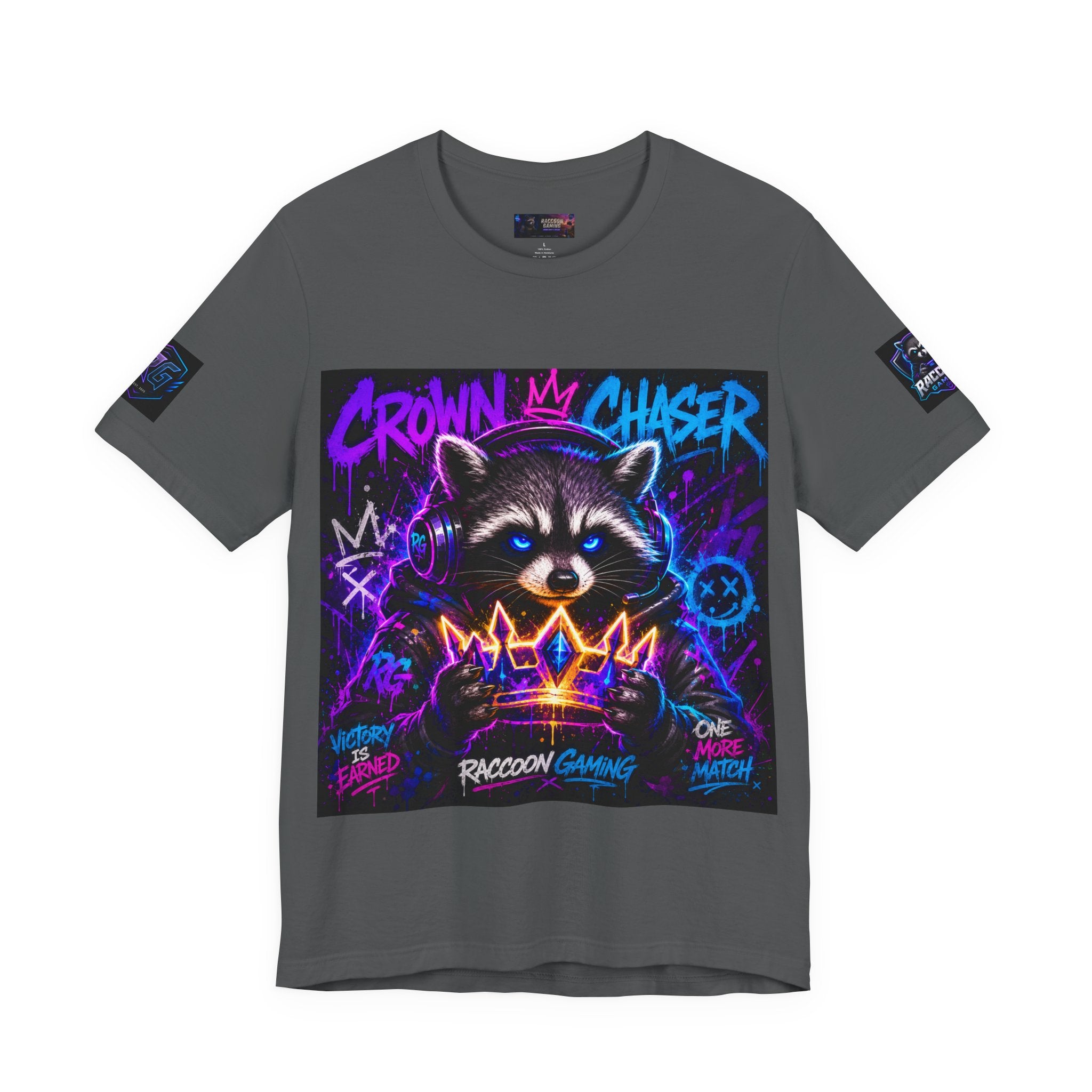 Crown Chaser Raccoon Gaming Tee — "Every Match is Earned" Gamer T-Shirt