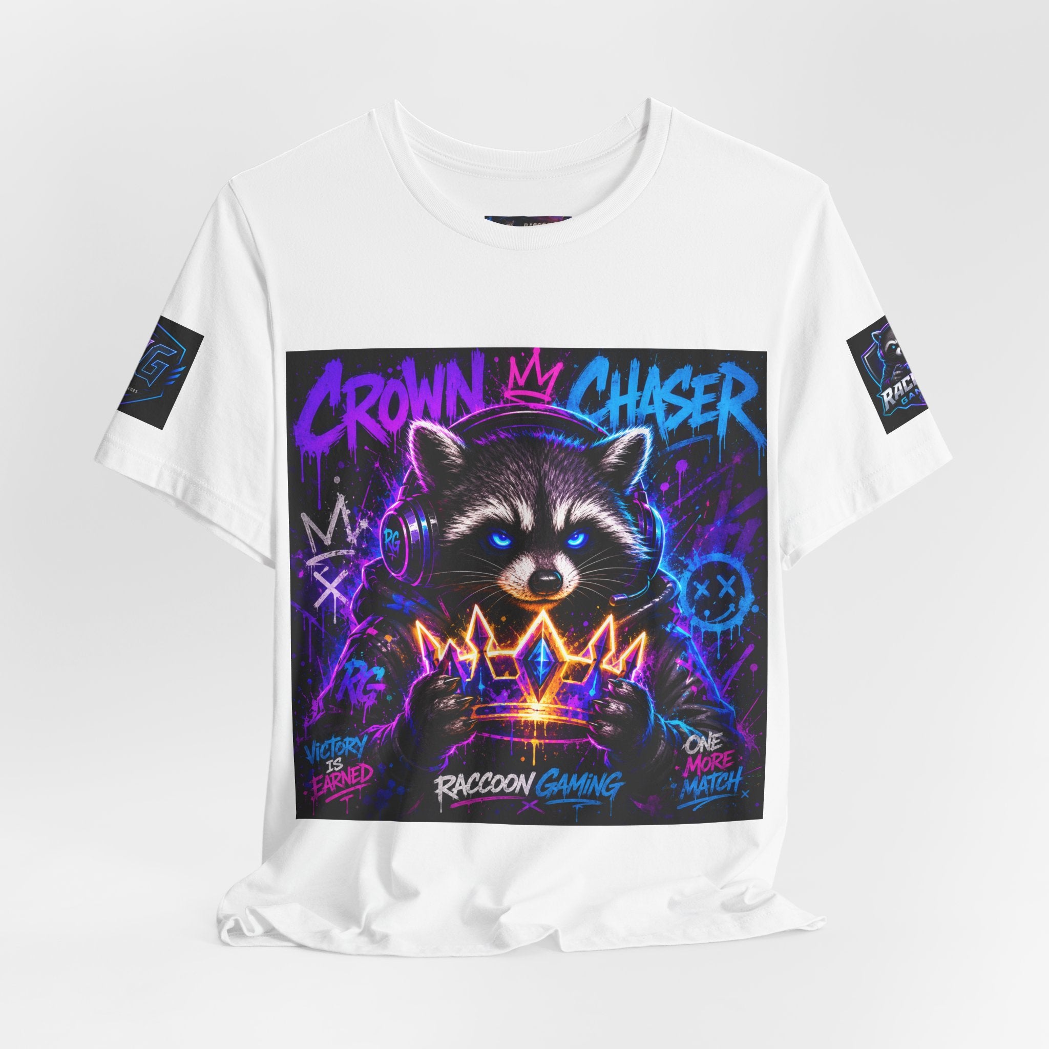 Crown Chaser Raccoon Gaming Tee — "Every Match is Earned" Gamer T-Shirt