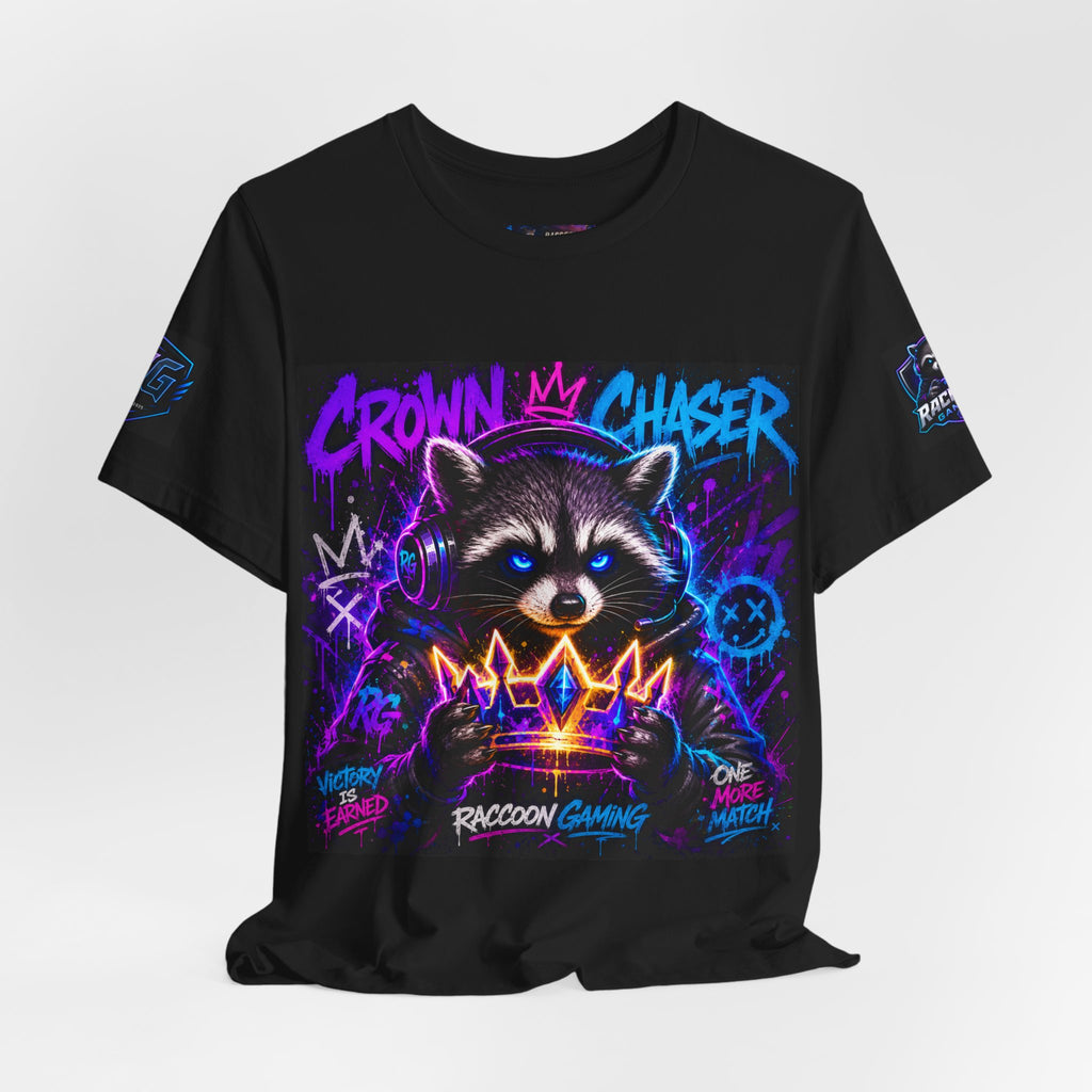 Crown Chaser Raccoon Gaming Tee — "Every Match is Earned" Gamer T-Shirt