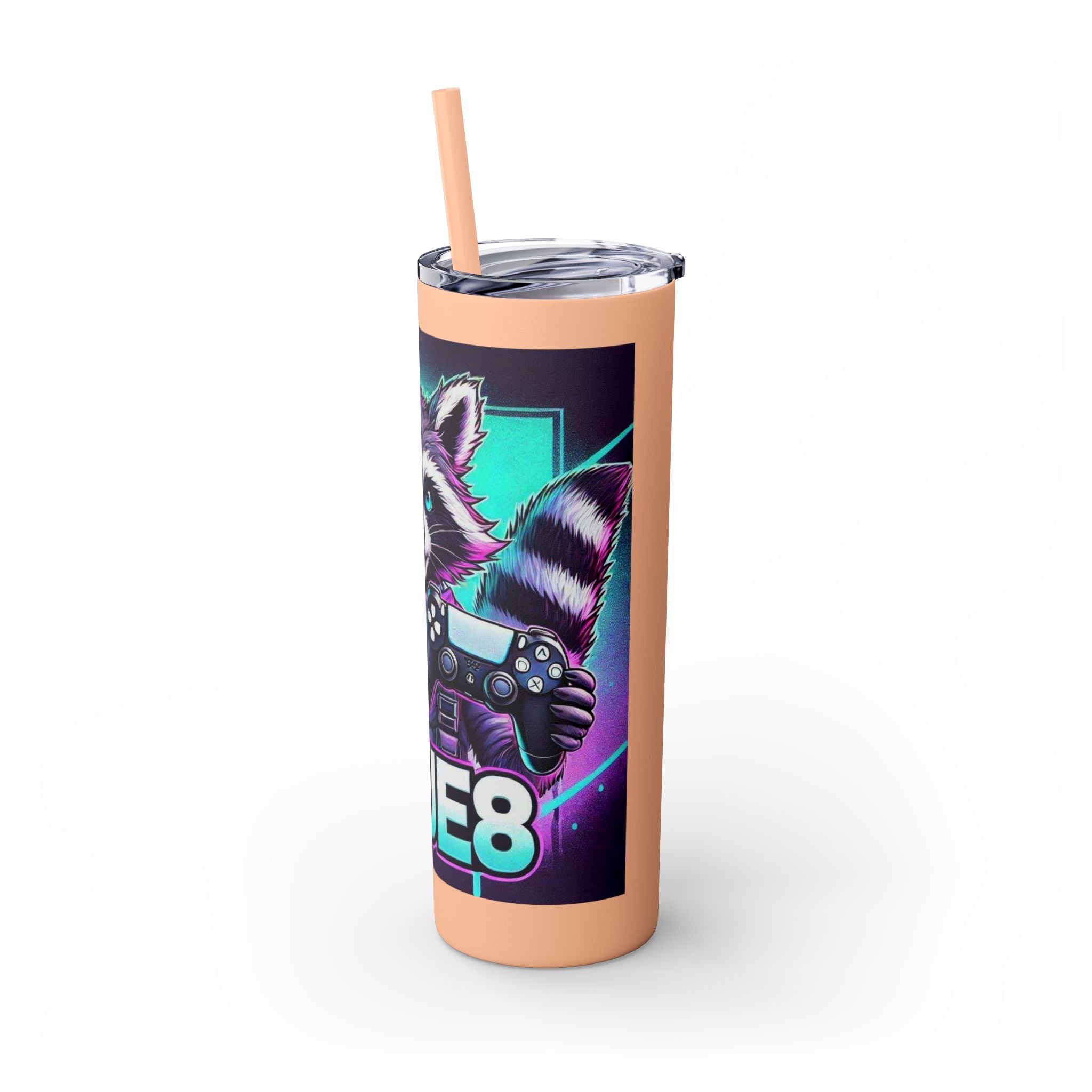 20oz Skinny Tumbler – Neon Gamer Raccoon Design with Straw (KSUE8)
