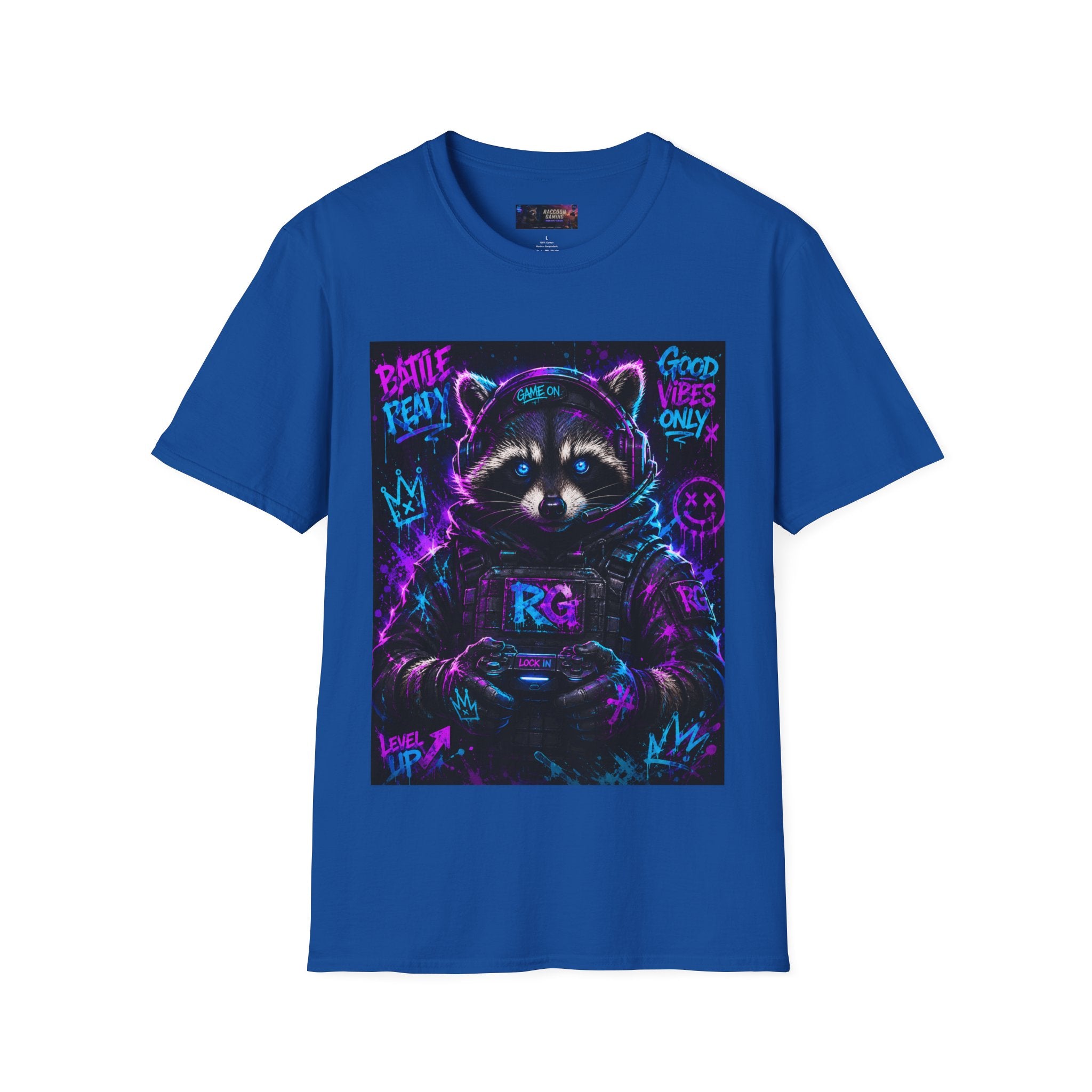 Raccoon Neon Graphic T-Shirt — "Good Vibes Only" Retro Gamer Streetwear
