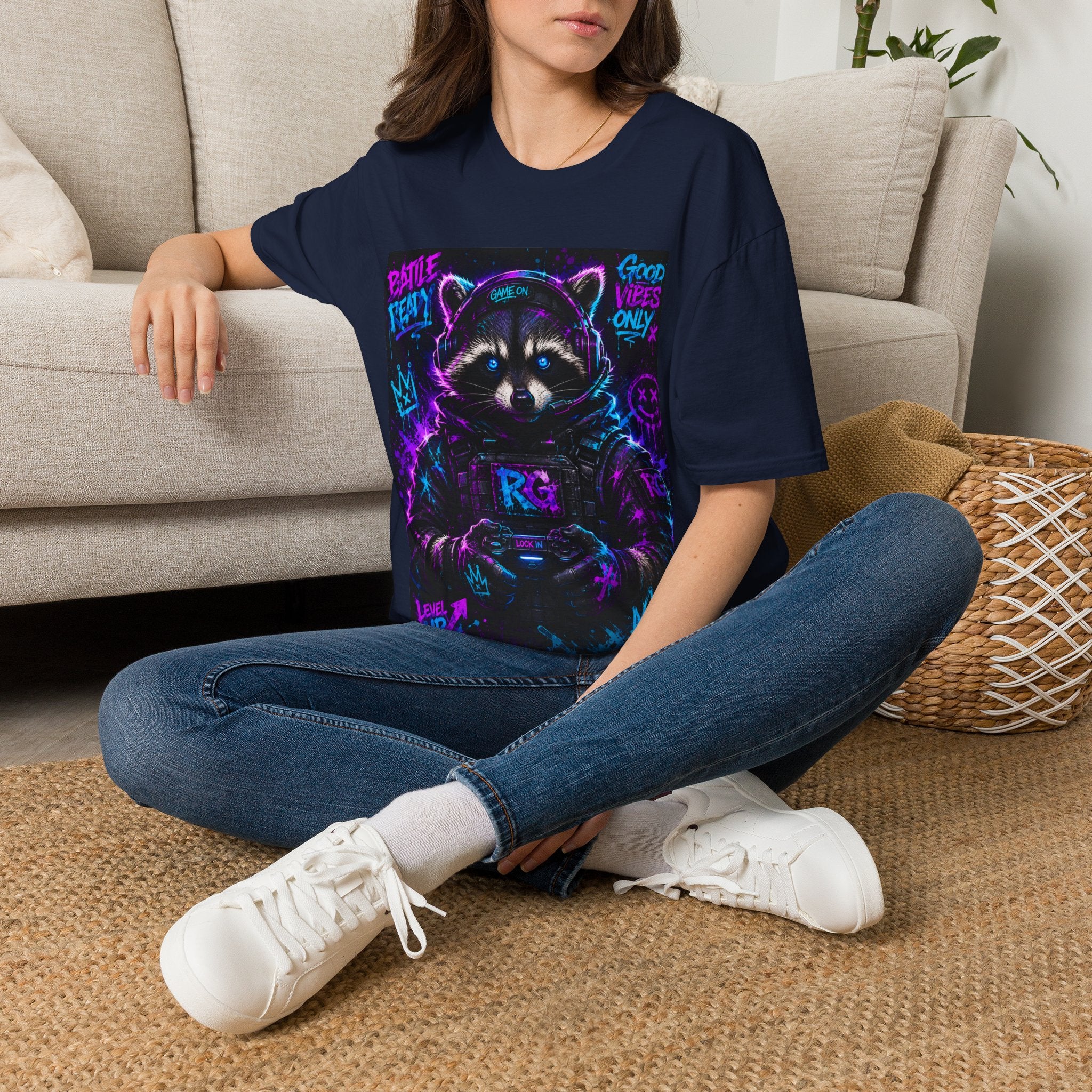 Raccoon Neon Graphic T-Shirt — "Good Vibes Only" Retro Gamer Streetwear