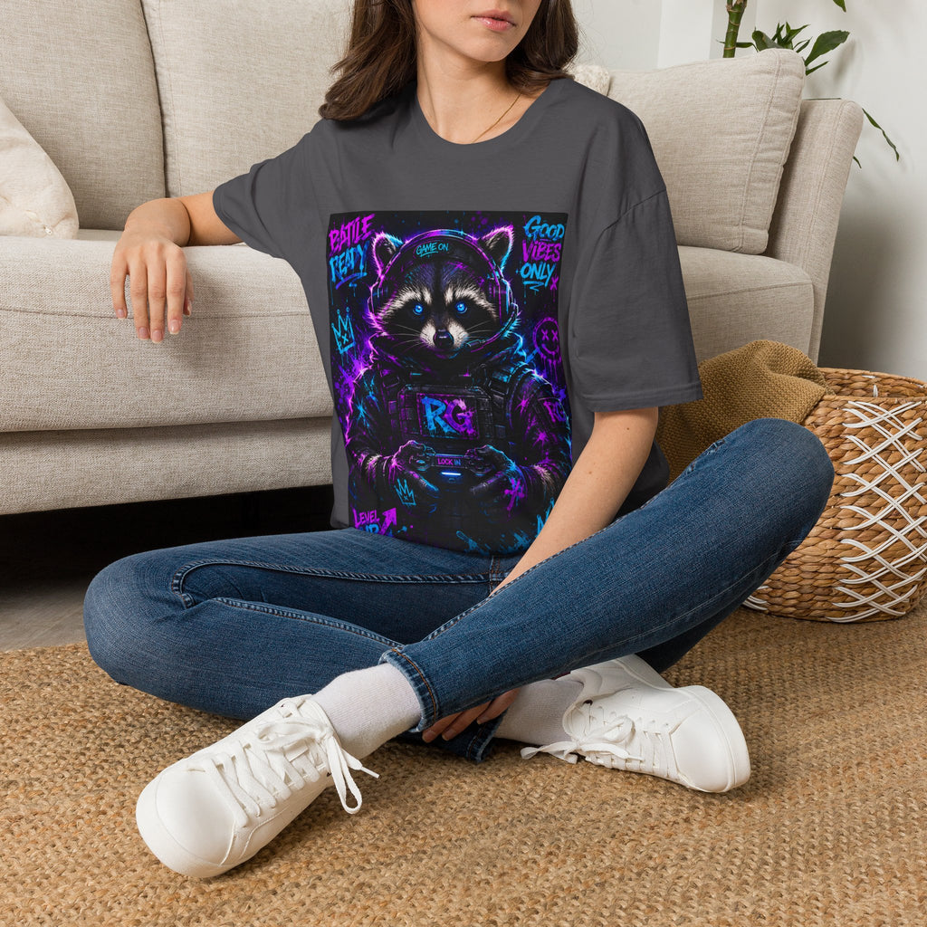 Raccoon Neon Graphic T-Shirt — "Good Vibes Only" Retro Gamer Streetwear