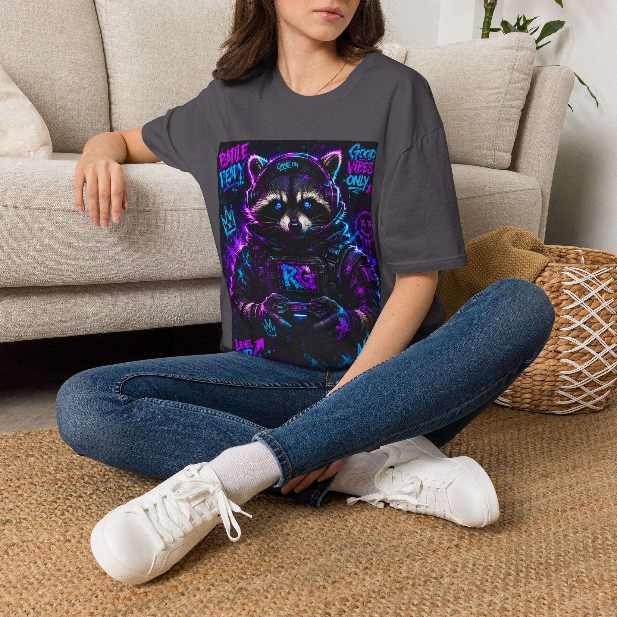 Raccoon Neon Graphic T-Shirt — "Good Vibes Only" Retro Gamer Streetwear