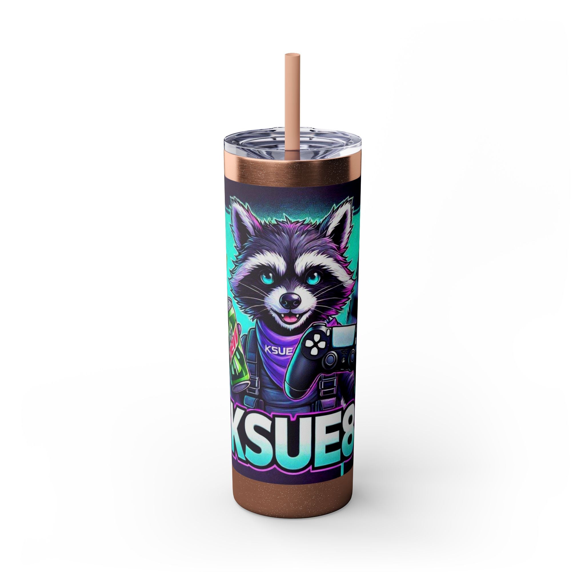 20oz Skinny Tumbler – Neon Gamer Raccoon Design with Straw (KSUE8)