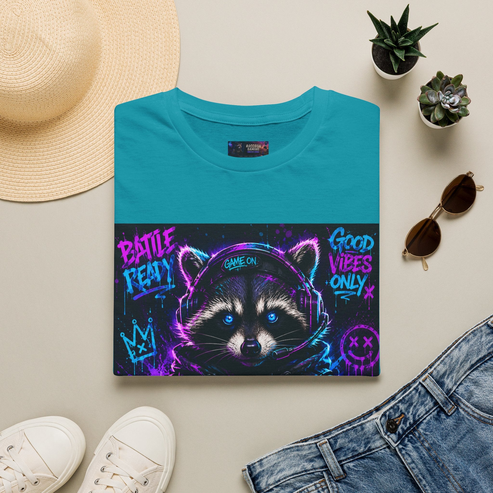 Raccoon Neon Graphic T-Shirt — "Good Vibes Only" Retro Gamer Streetwear