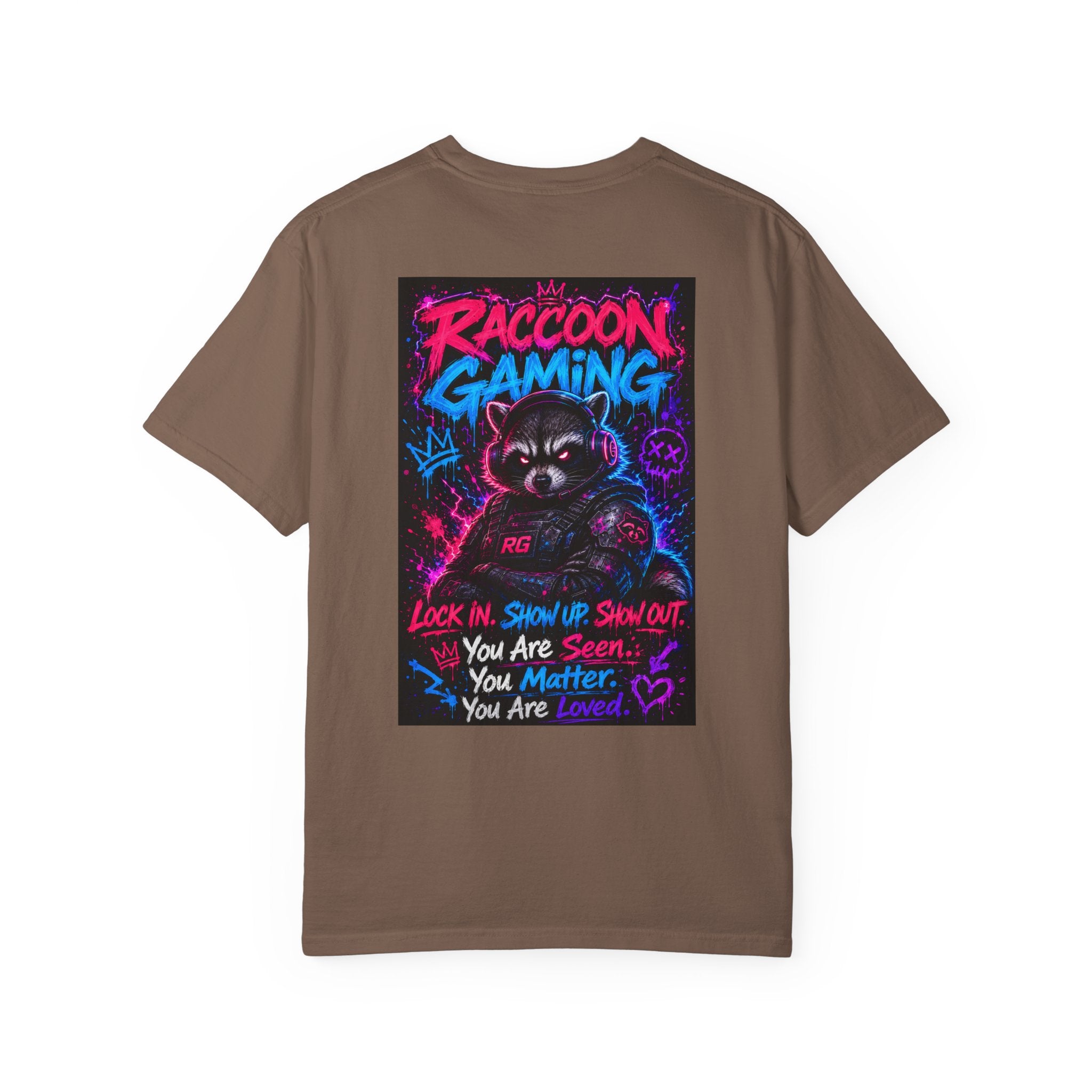 Raccoon Gaming Neon Poster T-Shirt — "Look In, Speak Up, Shine Out" Motivational Tee