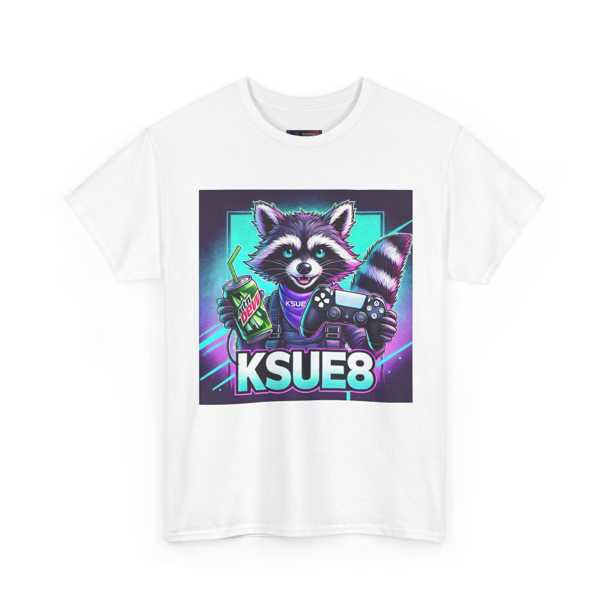 Raccoon Gamer Graphic Tee — 'KSUE8' Neon Retro Gaming T-Shirt