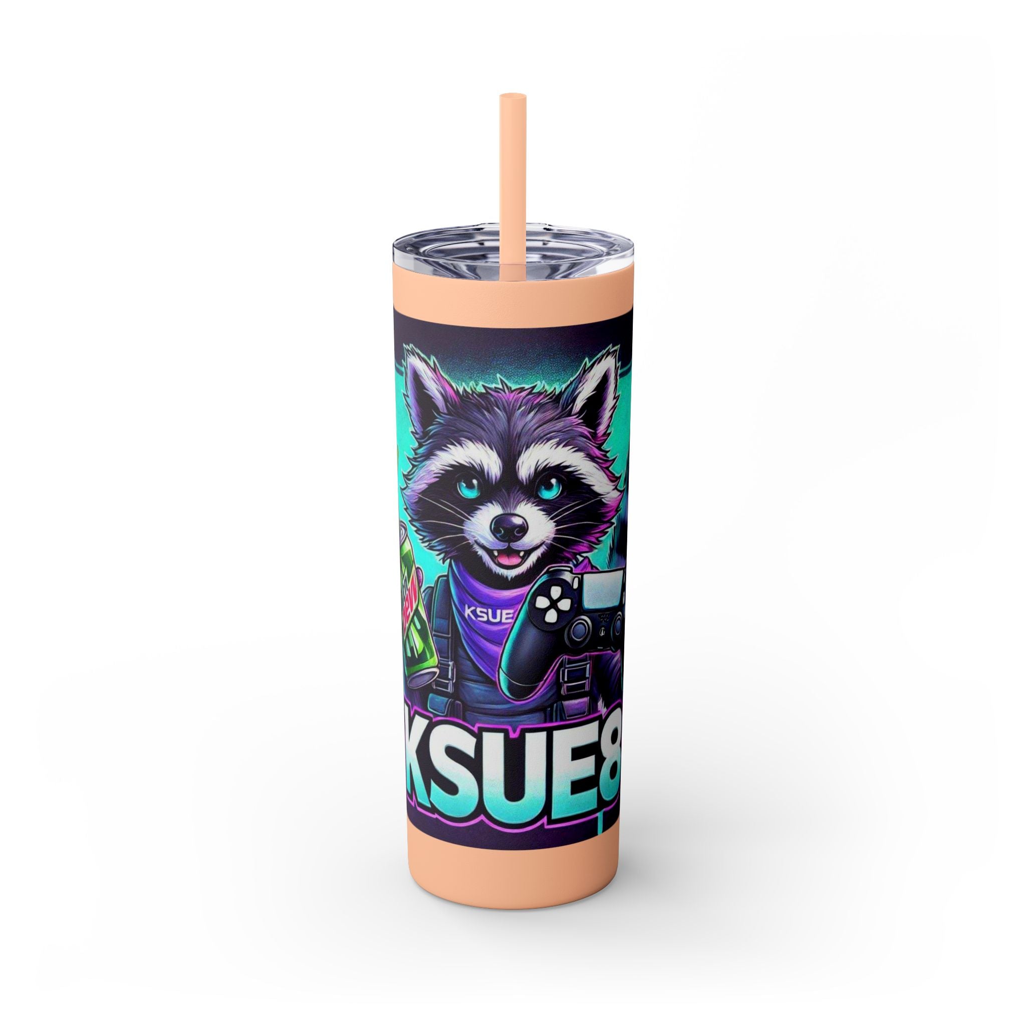 20oz Skinny Tumbler – Neon Gamer Raccoon Design with Straw (KSUE8)