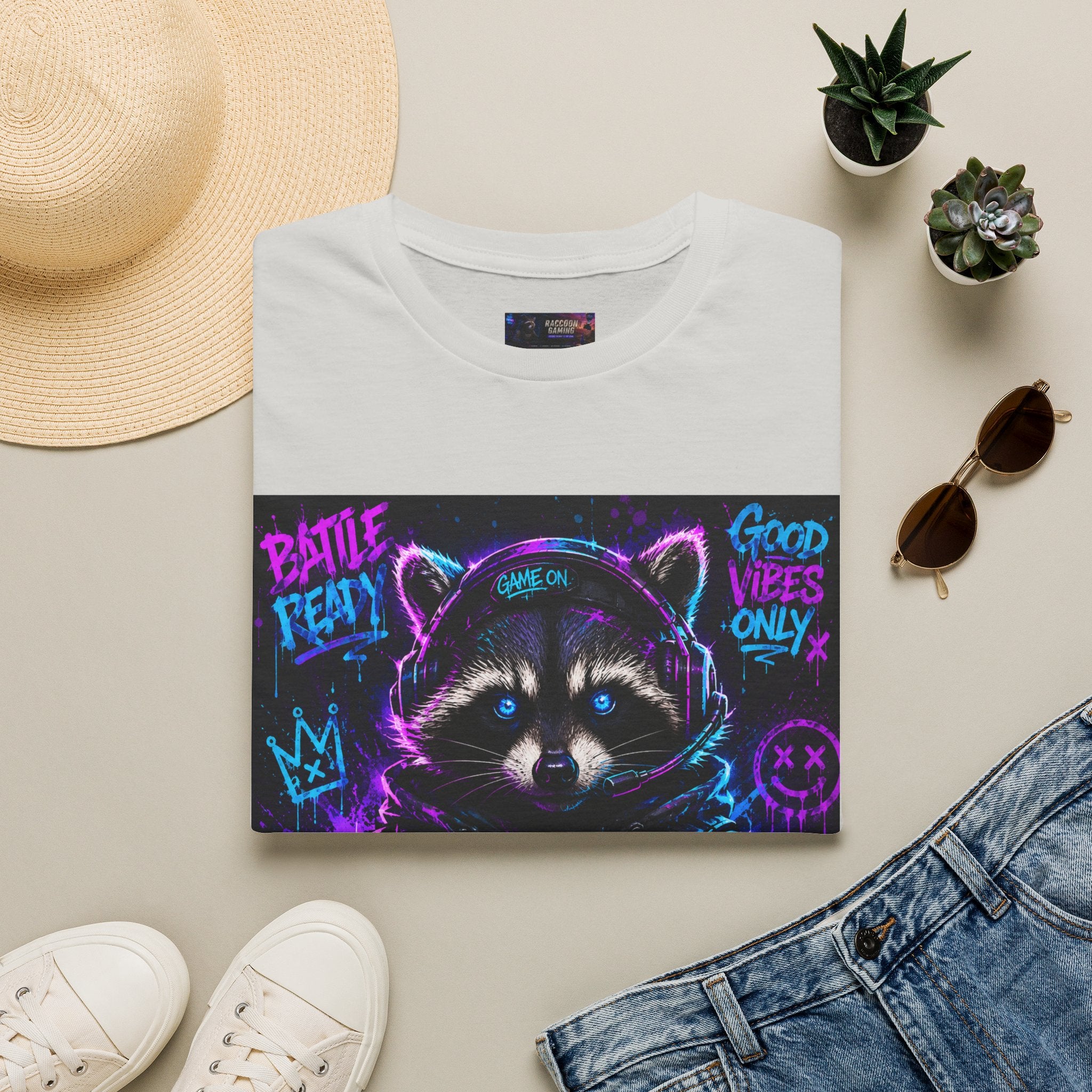 Raccoon Neon Graphic T-Shirt — "Good Vibes Only" Retro Gamer Streetwear