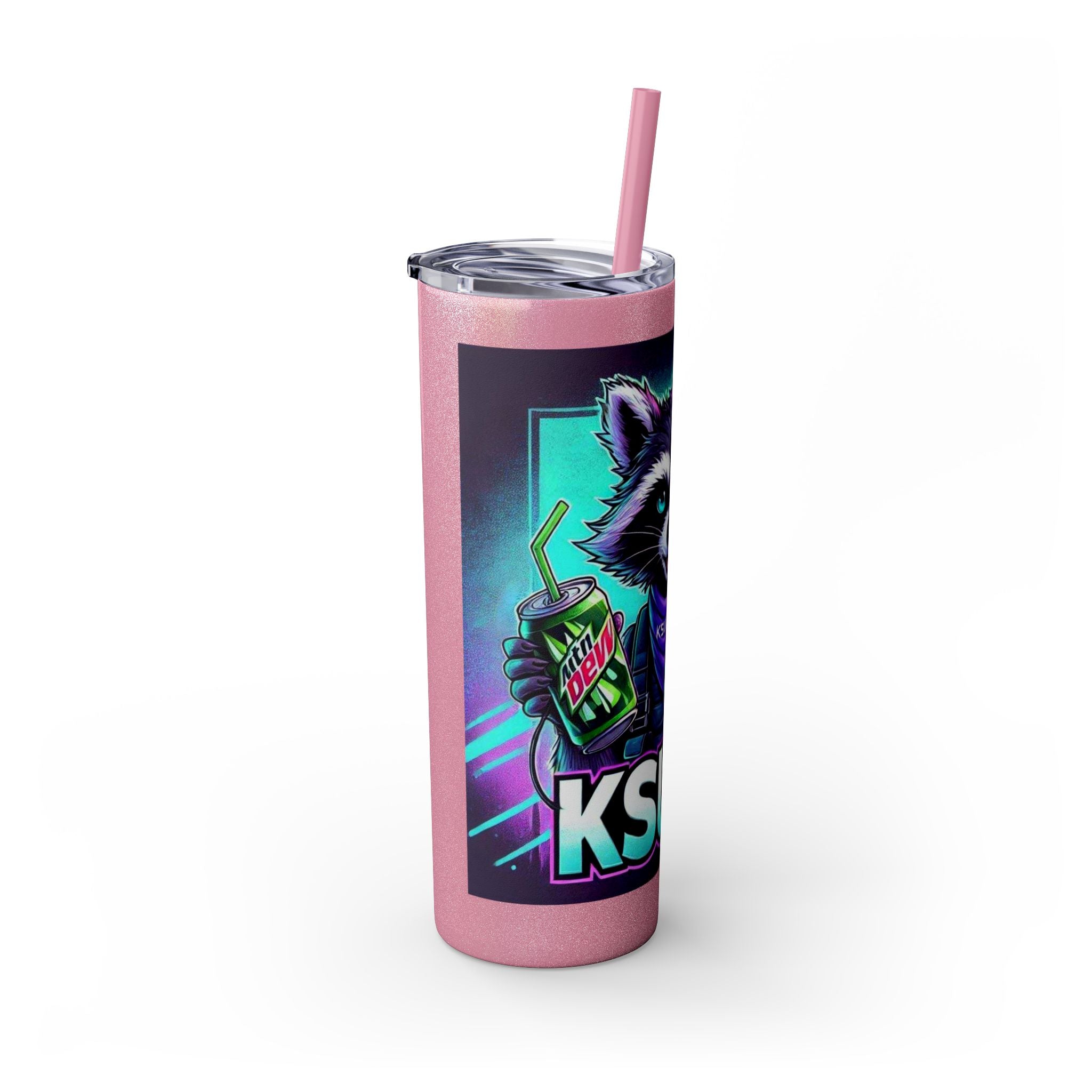 20oz Skinny Tumbler – Neon Gamer Raccoon Design with Straw (KSUE8)