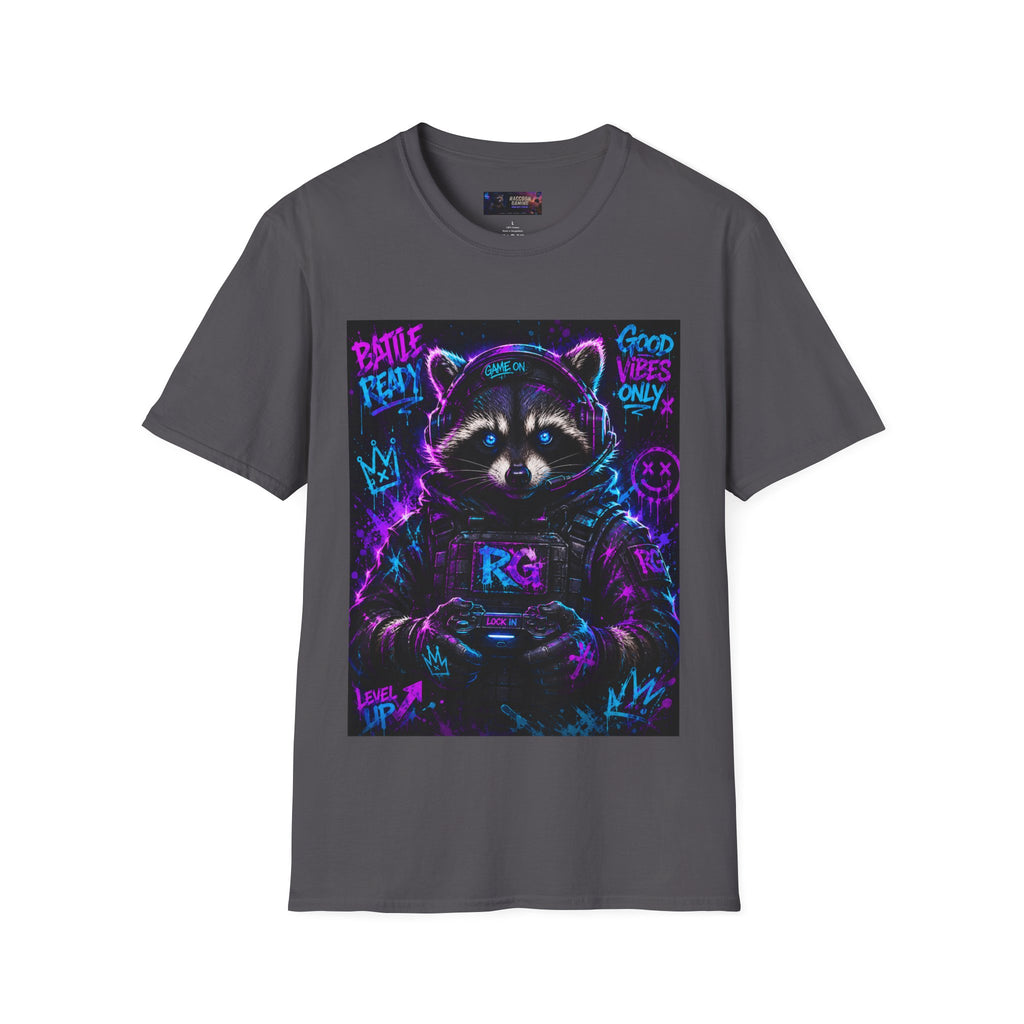 Raccoon Neon Graphic T-Shirt — "Good Vibes Only" Retro Gamer Streetwear