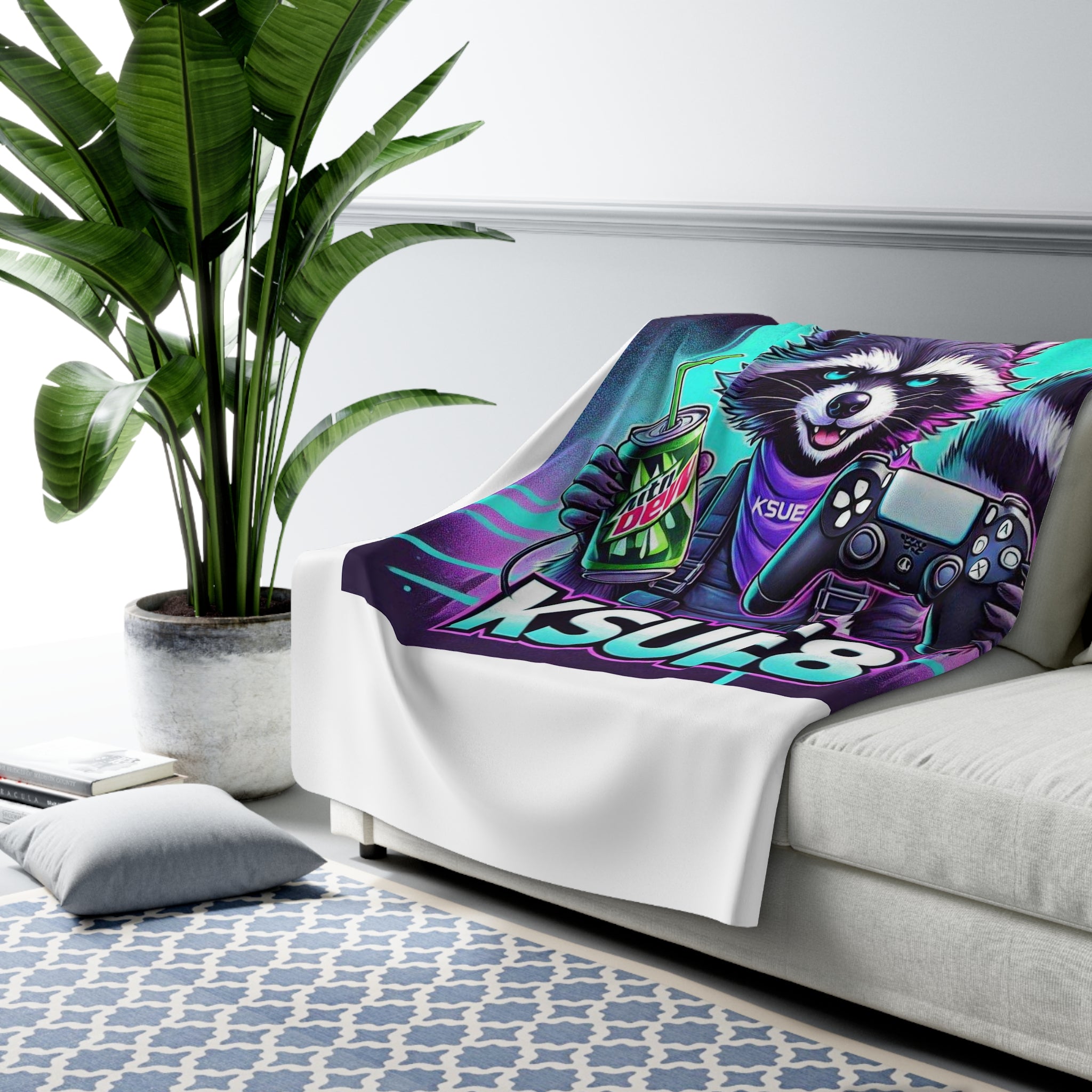 Gamer Raccoon Sherpa Fleece Blanket — KSUE8 Controller & Soda Gaming Throw