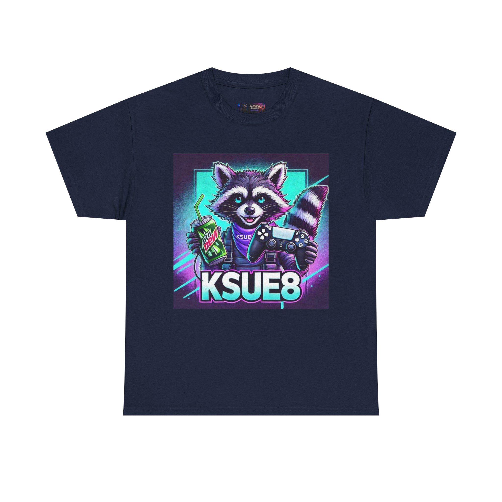 Raccoon Gamer Graphic Tee — 'KSUE8' Neon Retro Gaming T-Shirt