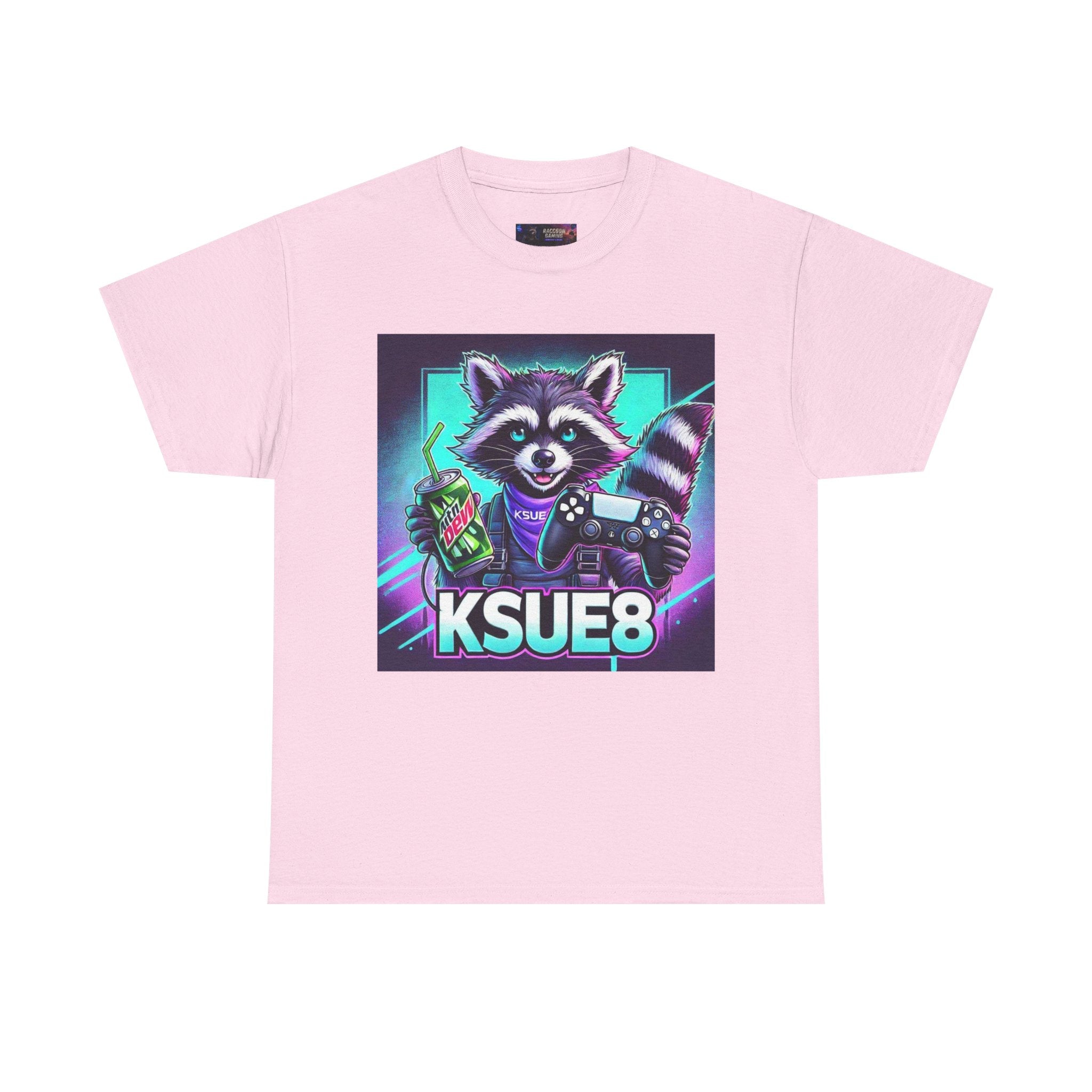 Raccoon Gamer Graphic Tee — 'KSUE8' Neon Retro Gaming T-Shirt