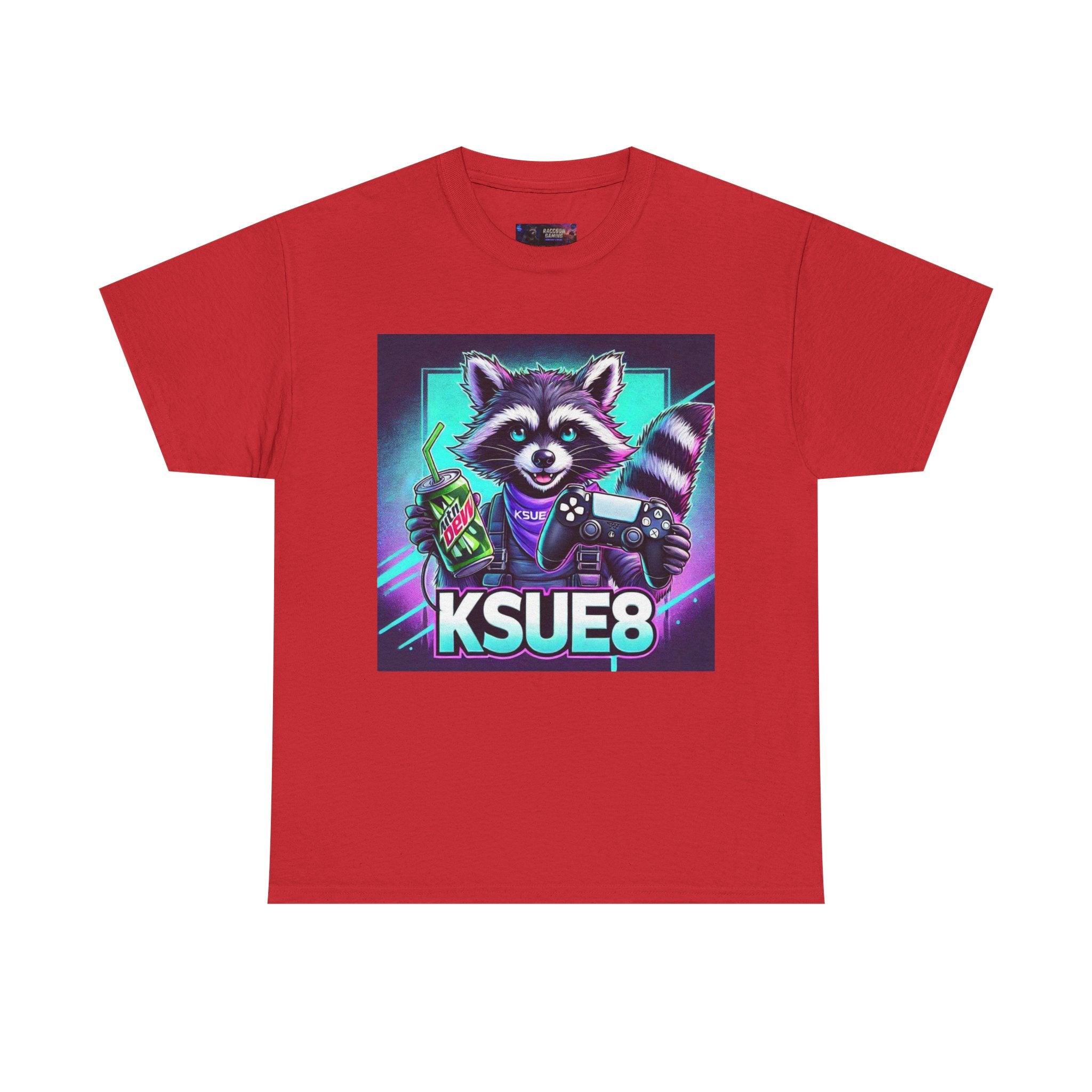 Raccoon Gamer Graphic Tee — 'KSUE8' Neon Retro Gaming T-Shirt