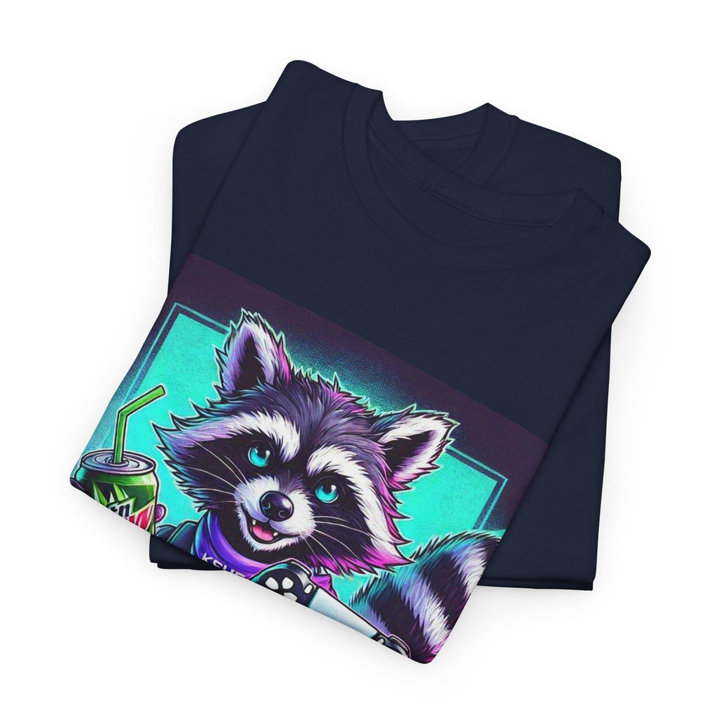 Raccoon Gamer Graphic Tee — 'KSUE8' Neon Retro Gaming T-Shirt