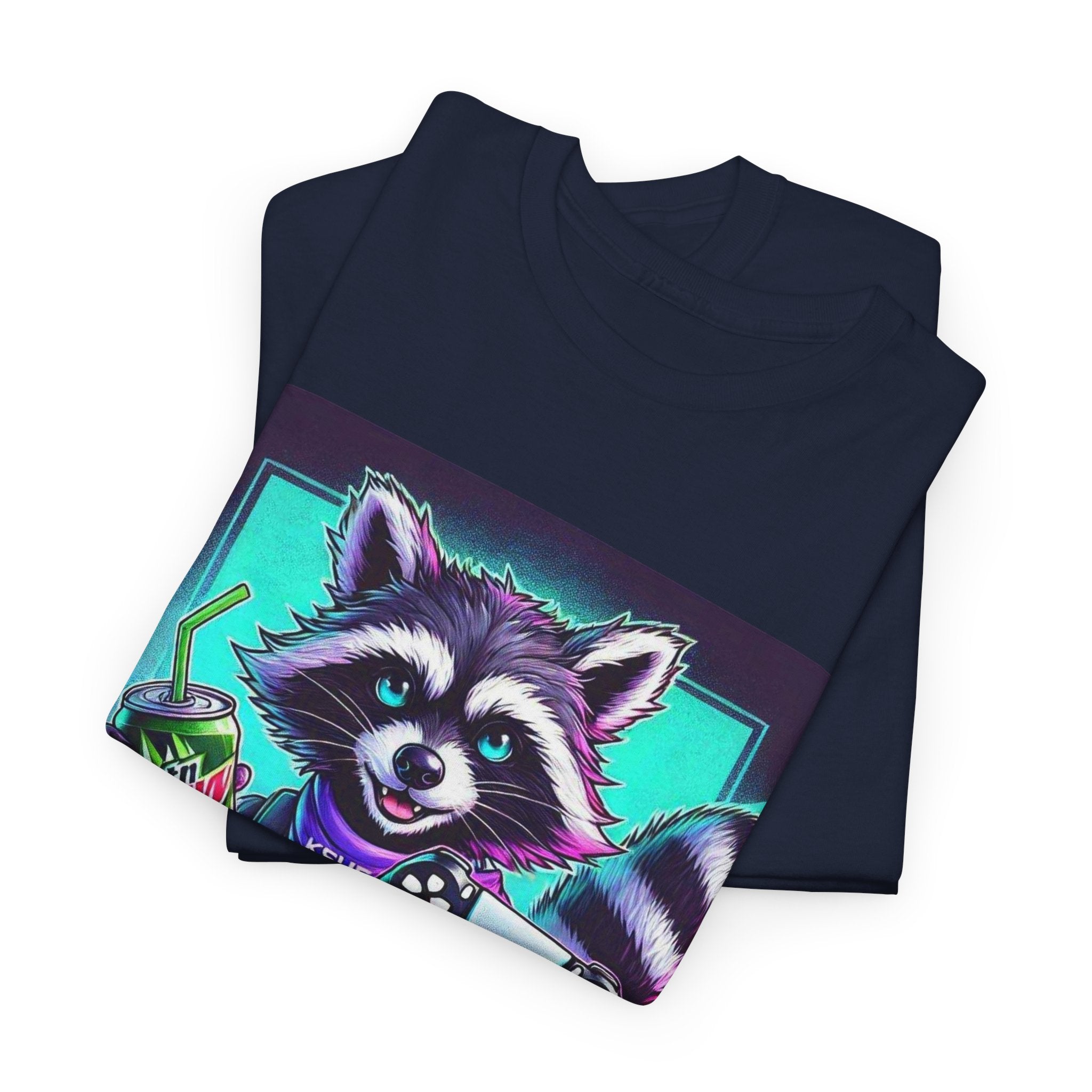 Raccoon Gamer Graphic Tee — 'KSUE8' Neon Retro Gaming T-Shirt