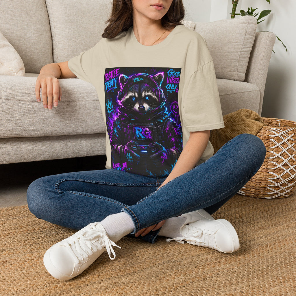Raccoon Neon Graphic T-Shirt — "Good Vibes Only" Retro Gamer Streetwear