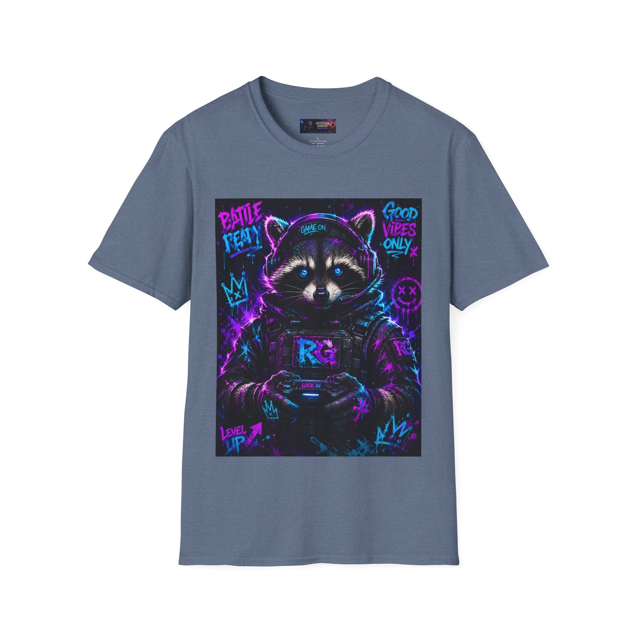 Raccoon Neon Graphic T-Shirt — "Good Vibes Only" Retro Gamer Streetwear