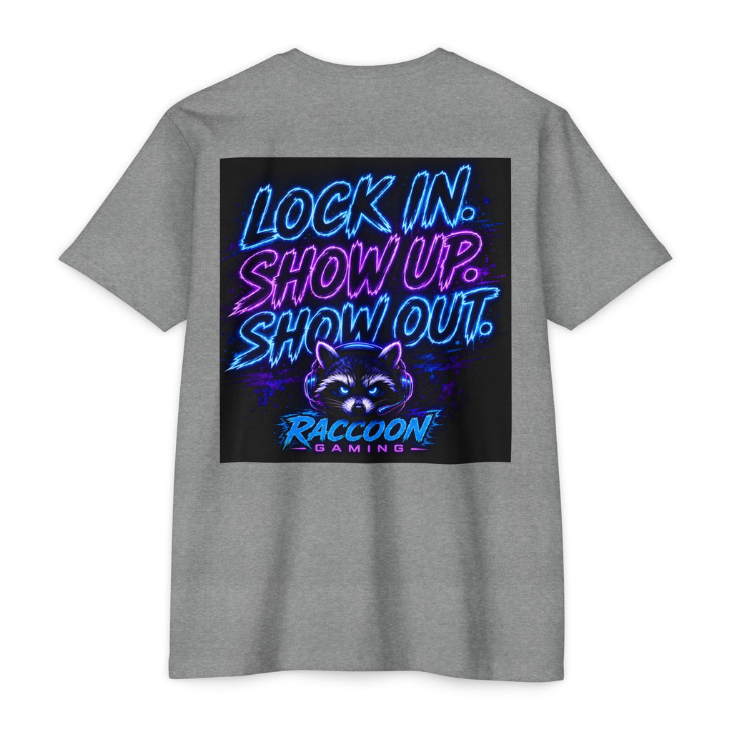 Raccoon Gaming T-Shirt — Neon Headset Mascot & “Lock In. Show Up. Show Out.” Graphic