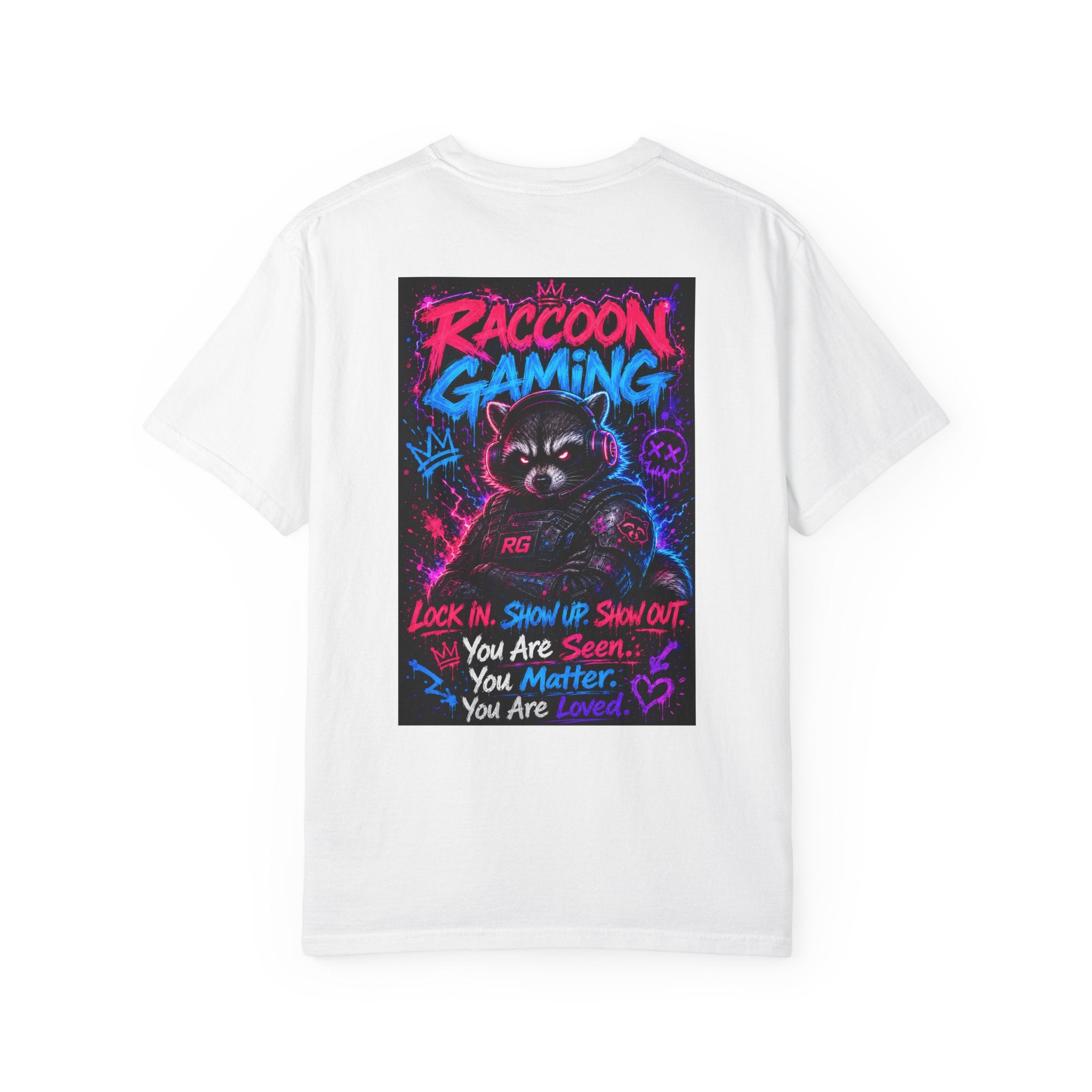 Raccoon Gaming Neon Poster T-Shirt — "Look In, Speak Up, Shine Out" Motivational Tee