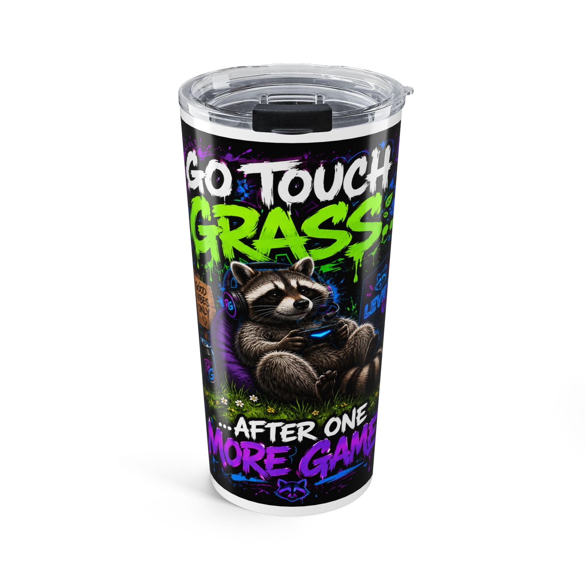 Gaming Raccoon 20oz Tumbler – "Do Not Touch Grass" Travel Cup
