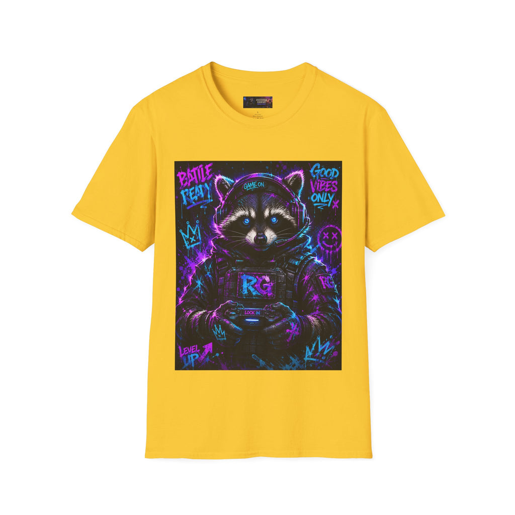 Raccoon Neon Graphic T-Shirt — "Good Vibes Only" Retro Gamer Streetwear