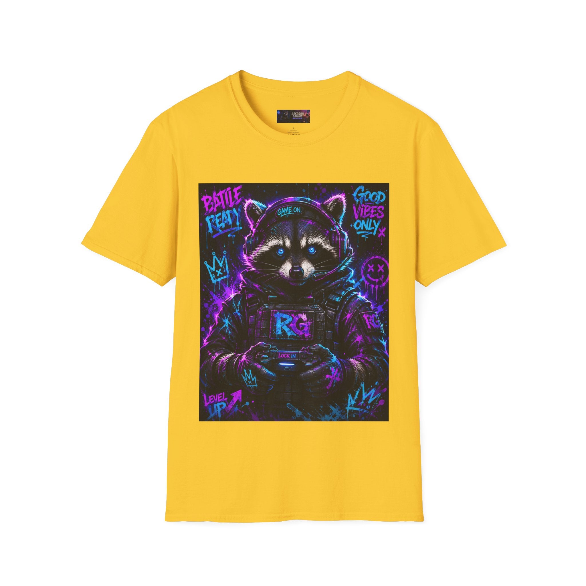 Raccoon Neon Graphic T-Shirt — "Good Vibes Only" Retro Gamer Streetwear