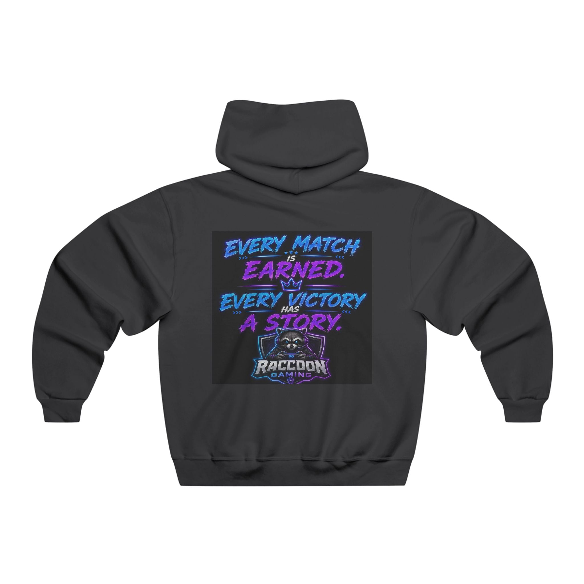 Gaming Raccoon Hoodie — Neon Retro Esports Sweatshirt ("Every Match Earned, Every Victory a Story")