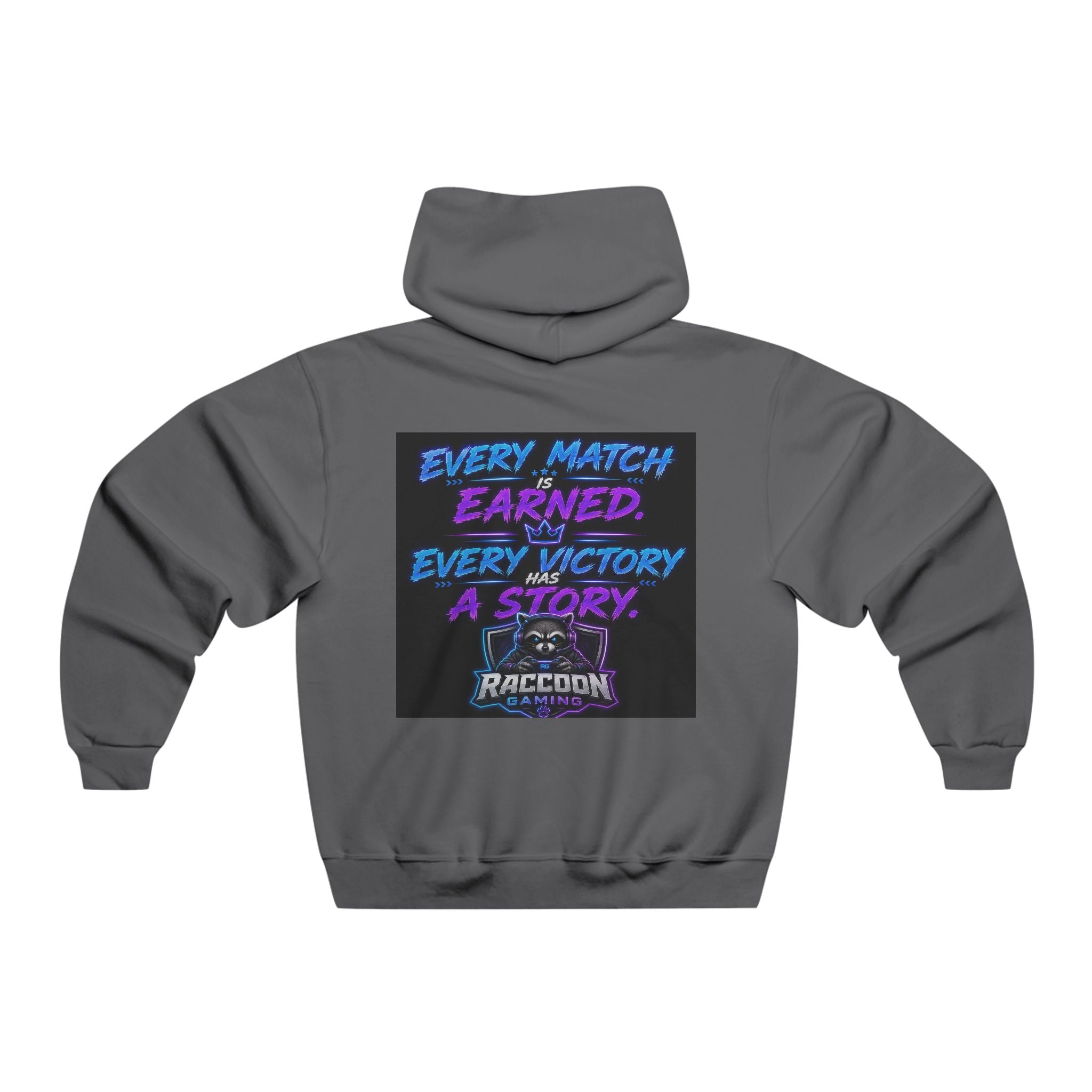 Gaming Raccoon Hoodie — Neon Retro Esports Sweatshirt ("Every Match Earned, Every Victory a Story")